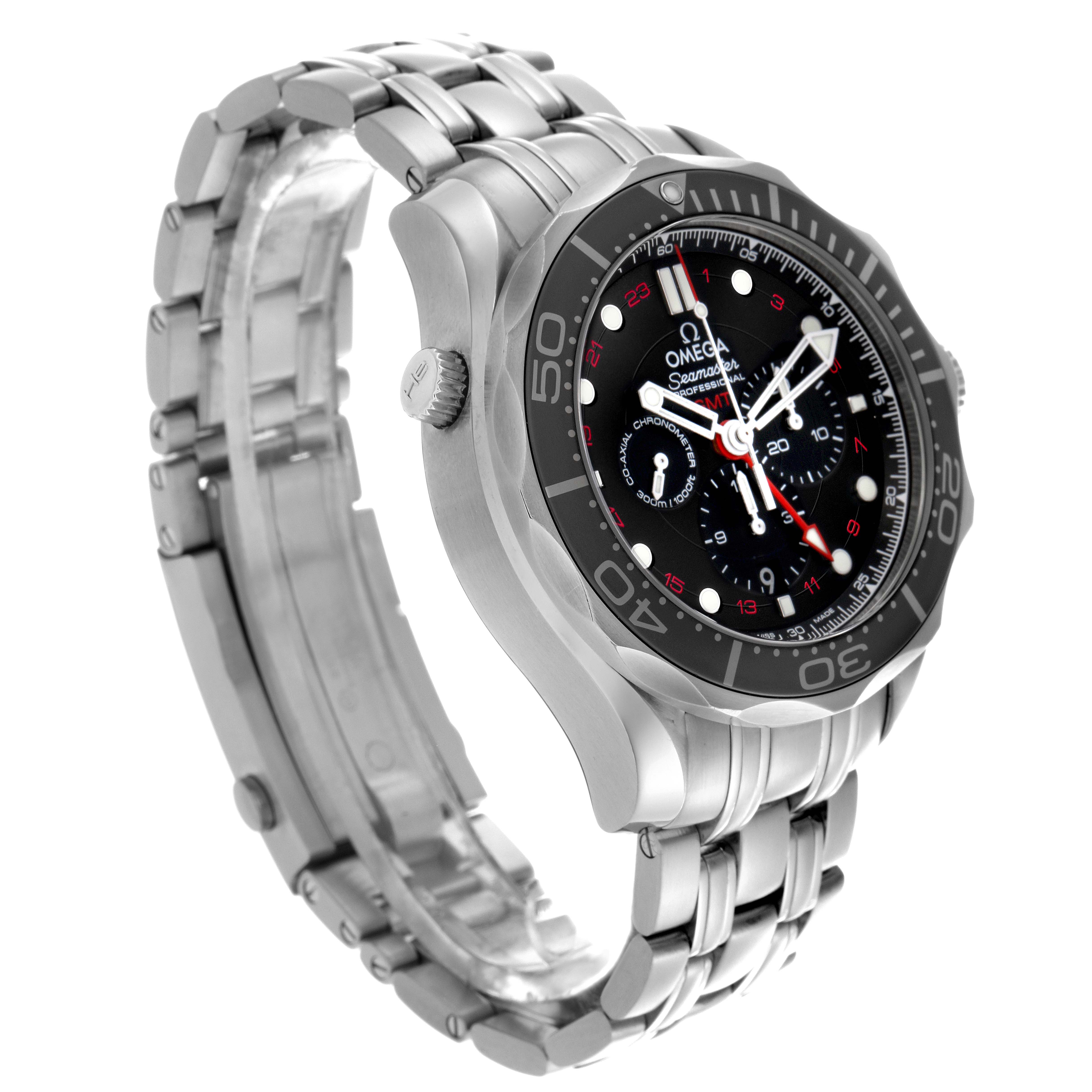 The Omega Seamaster 212.30.44.52.01.001 Men
s Stainless Steel Black Dial 212.30.44.52.01.001 Men
s Stainless Steel Black Dial is shown at an angled side view, highlighting the dial, bezel, crown, and metallic bracelet.