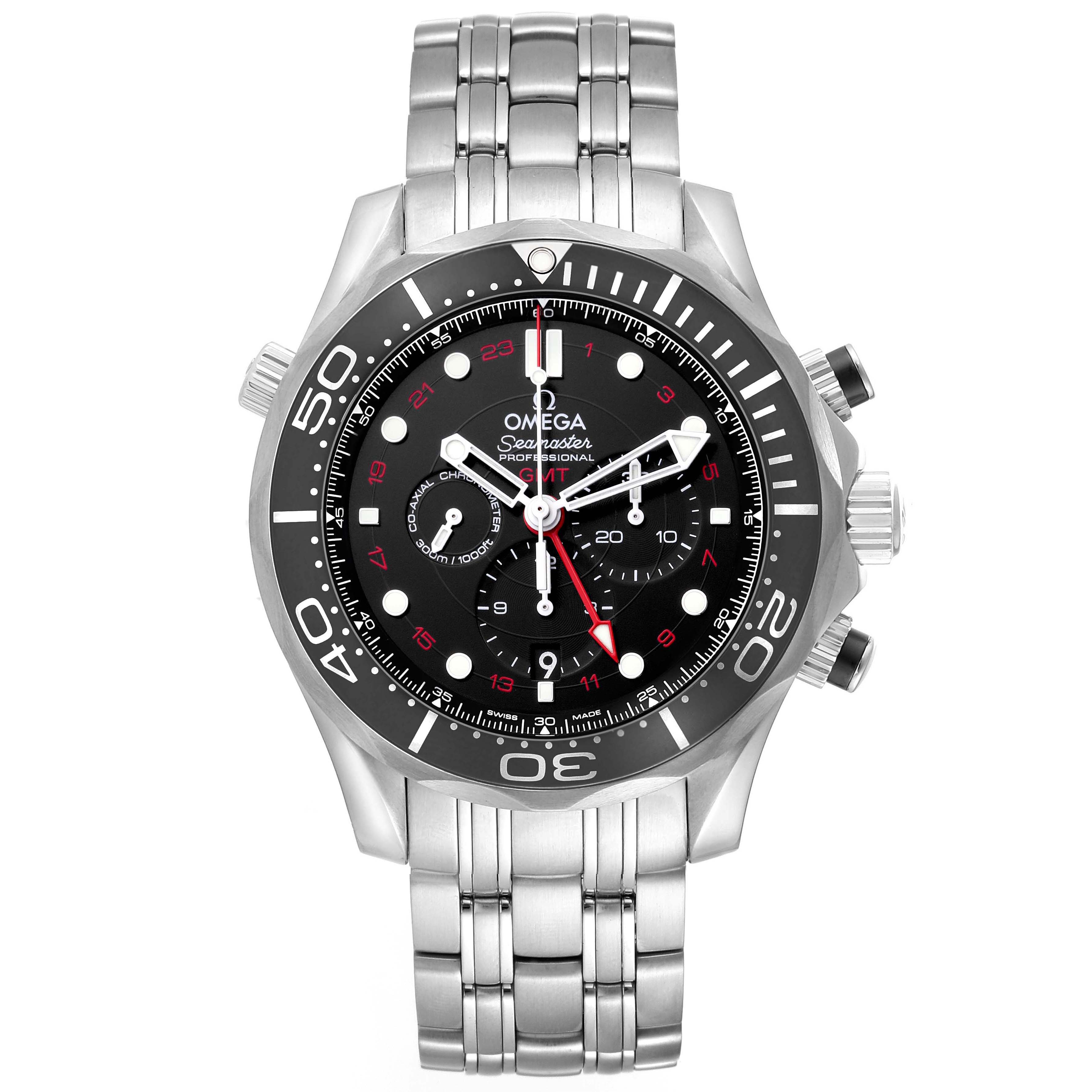 The Omega Seamaster 212.30.44.52.01.001 Men
s Stainless Steel Black Dial 212.30.44.52.01.001 Men
s Stainless Steel Black Dial watch is shown from the front, displaying the face, bezel, and metal bracelet.