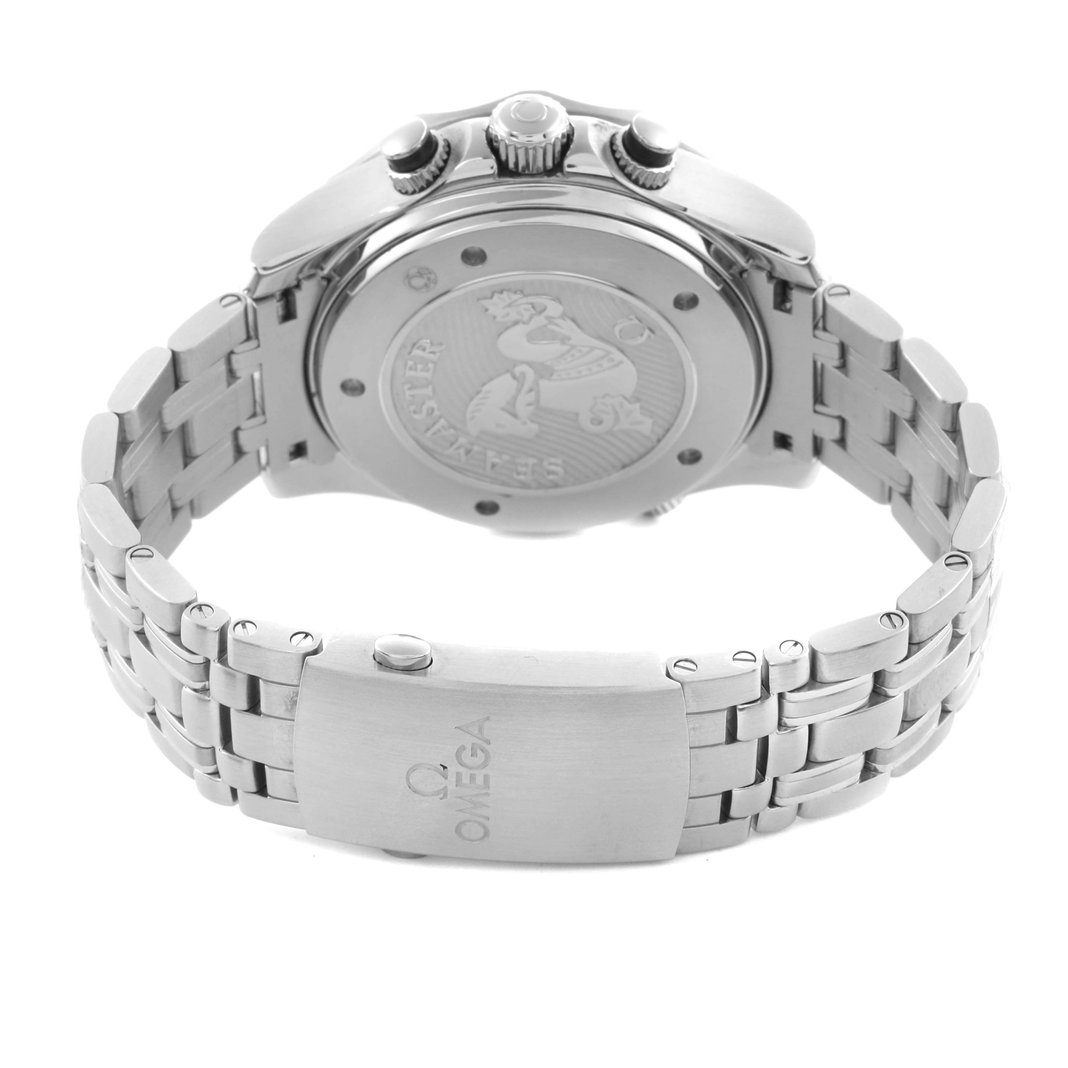 The image shows the back angle of an Omega Seamaster 212.30.44.52.01.001 Men
s Stainless Steel Black Dial 212.30.44.52.01.001 Men
s Stainless Steel Black Dial watch, highlighting the case back, bracelet, and clasp with the Omega logo.