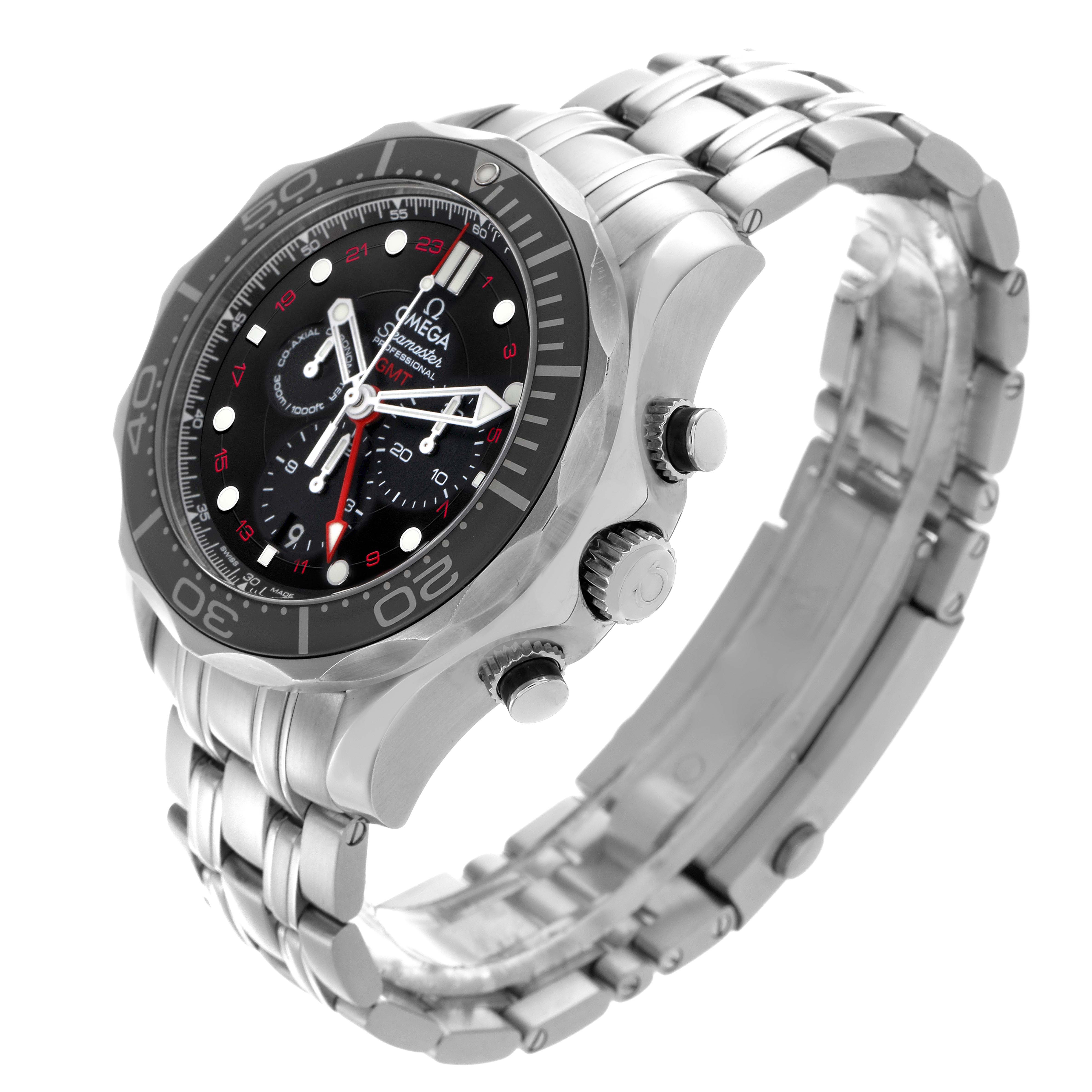 The Omega Seamaster 212.30.44.52.01.001 Men
s Stainless Steel Black Dial 212.30.44.52.01.001 Men
s Stainless Steel Black Dial watch is shown at a three-quarter angle, highlighting the dial, bezel, crown, and metal bracelet.