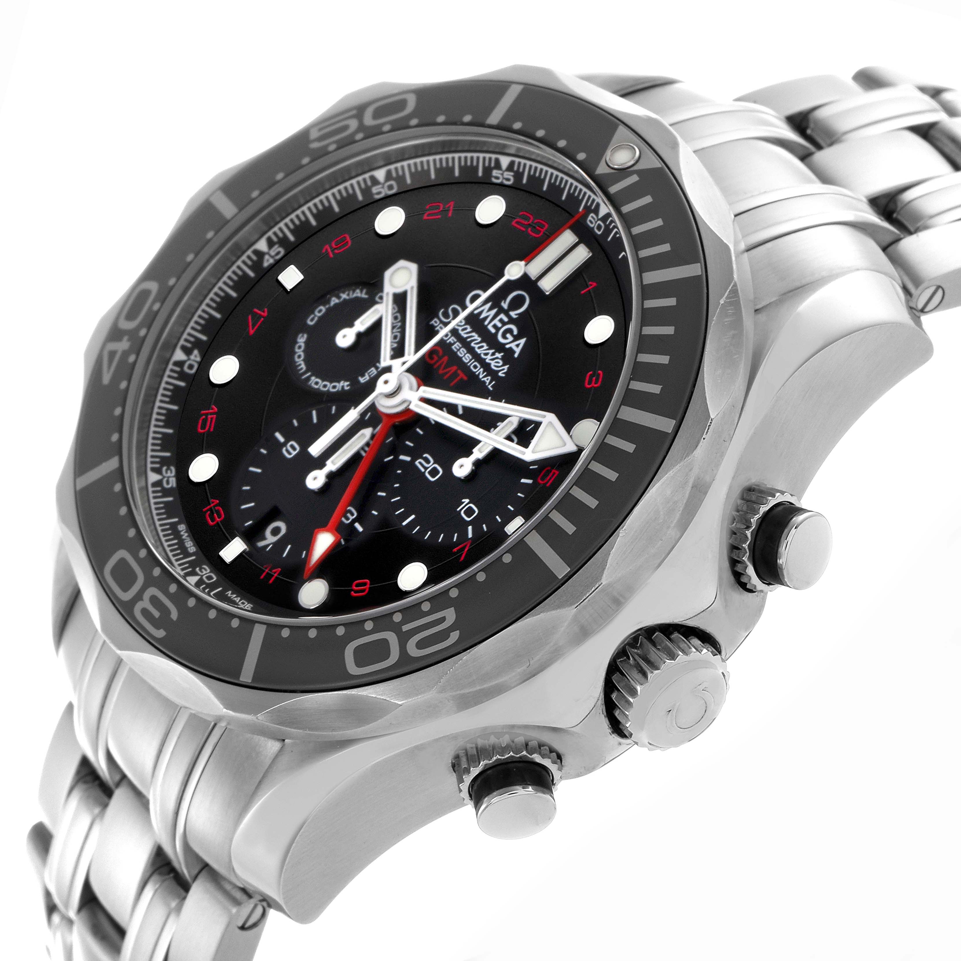 The Omega Seamaster 212.30.44.52.01.001 Men
s Stainless Steel Black Dial 212.30.44.52.01.001 Men
s Stainless Steel Black Dial watch is shown at a slight angle displaying the bezel, dial, crown, and part of the metal bracelet.