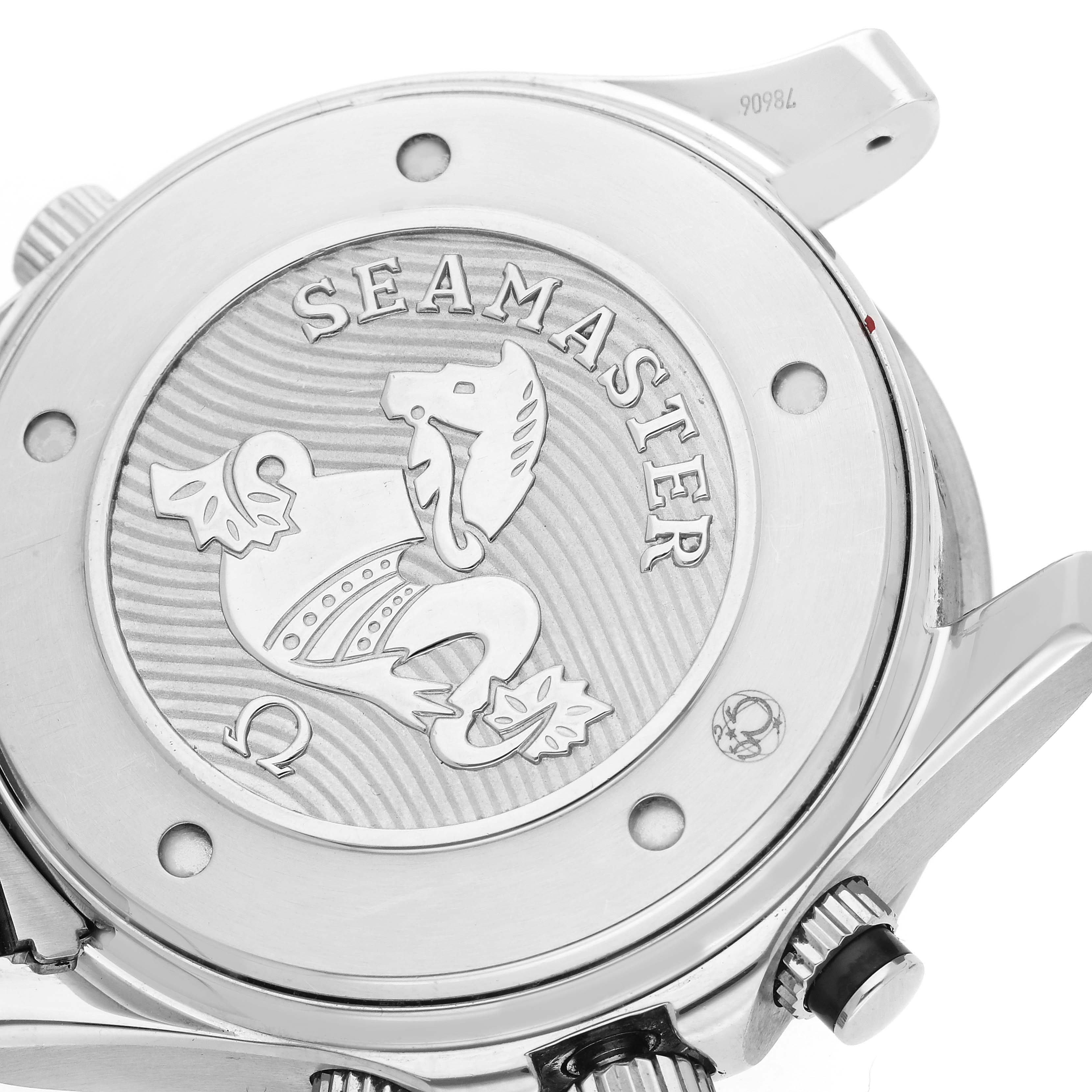 The image shows the back case of an Omega Seamaster 212.30.44.52.01.001 Men
s Stainless Steel Black Dial 212.30.44.52.01.001 Men
s Stainless Steel Black Dial watch, featuring the engraved Seamaster logo and part of the lugs.