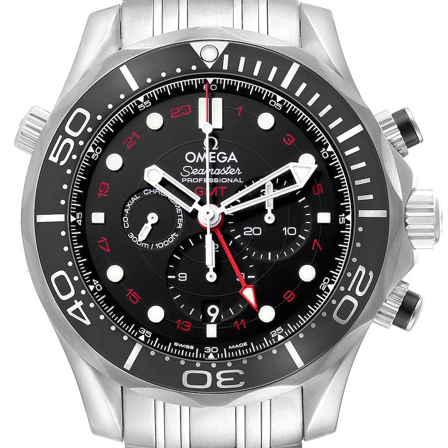 The Omega Seamaster watch is shown from the front, highlighting the dial, bezel, and crown.