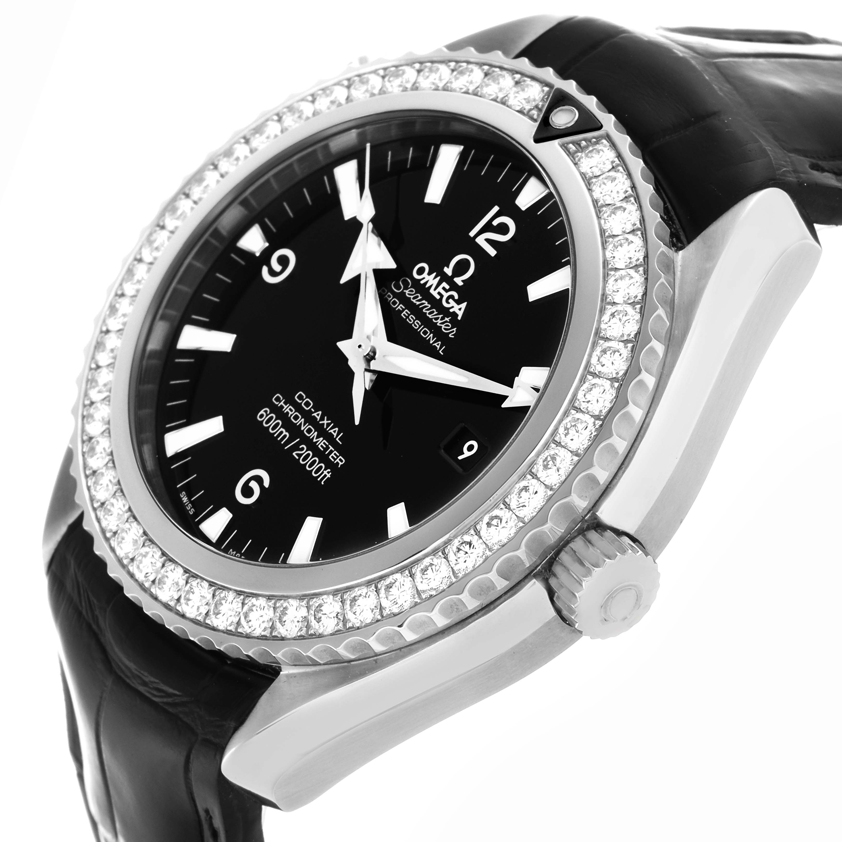 The Omega Planet Ocean 222.18.46.20.01.001 Men's Stainless Steel Black Dial 222.18.46.20.01.001 Men's Stainless Steel Black Dial watch is shown from a side angle, highlighting the dial, bezel, case, and crown.