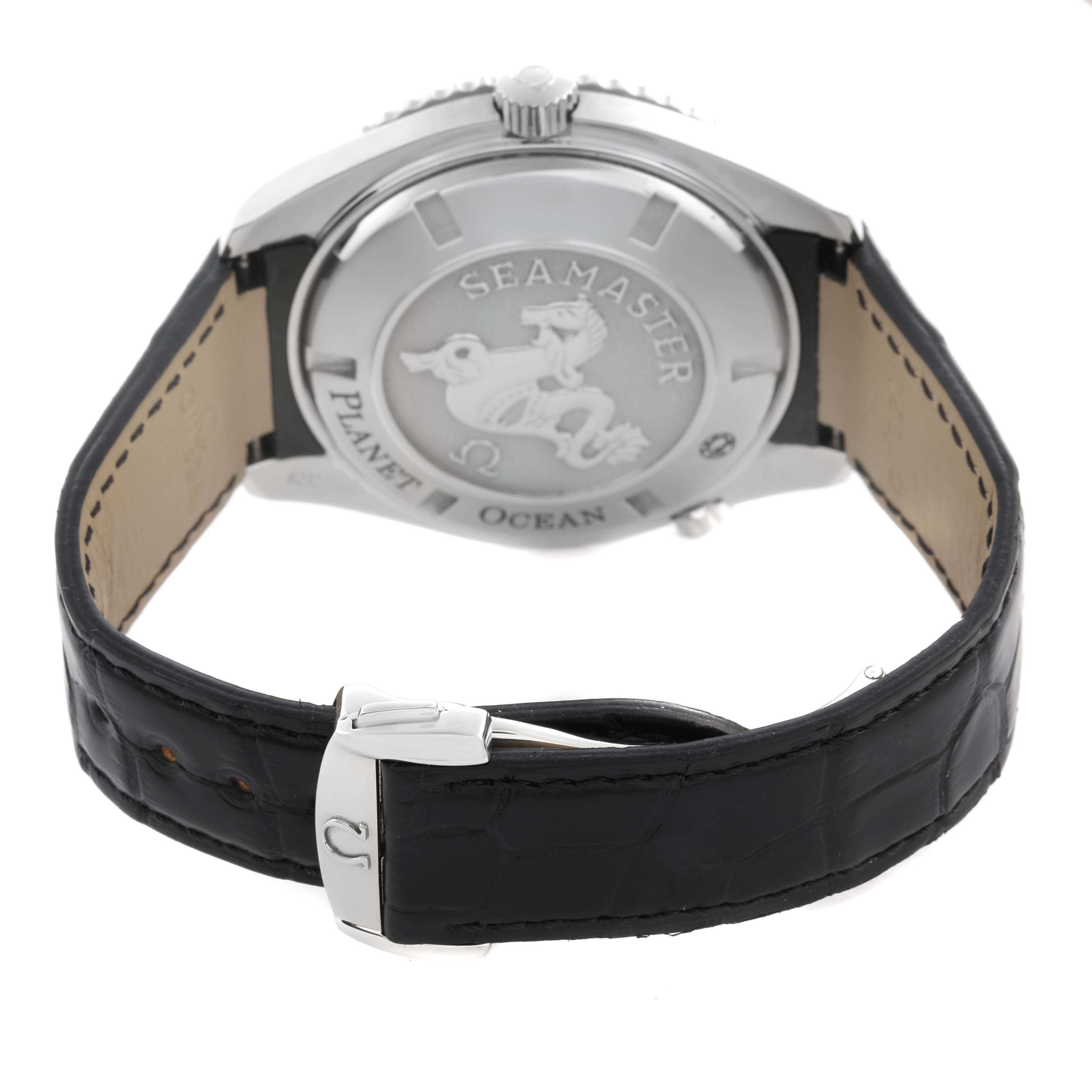 The image shows the back and side of the Omega Planet Ocean 222.18.46.20.01.001 Men's Stainless Steel Black Dial 222.18.46.20.01.001 Men's Stainless Steel Black Dial watch, highlighting the case back engraving and black leather strap with a buckle.