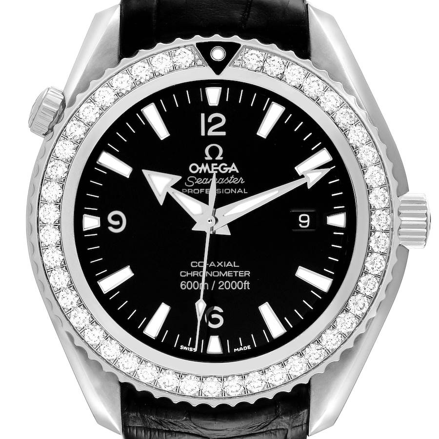 The Omega Planet Ocean watch is shown from the front, displaying the dial, bezel, crown, and lugs clearly.
