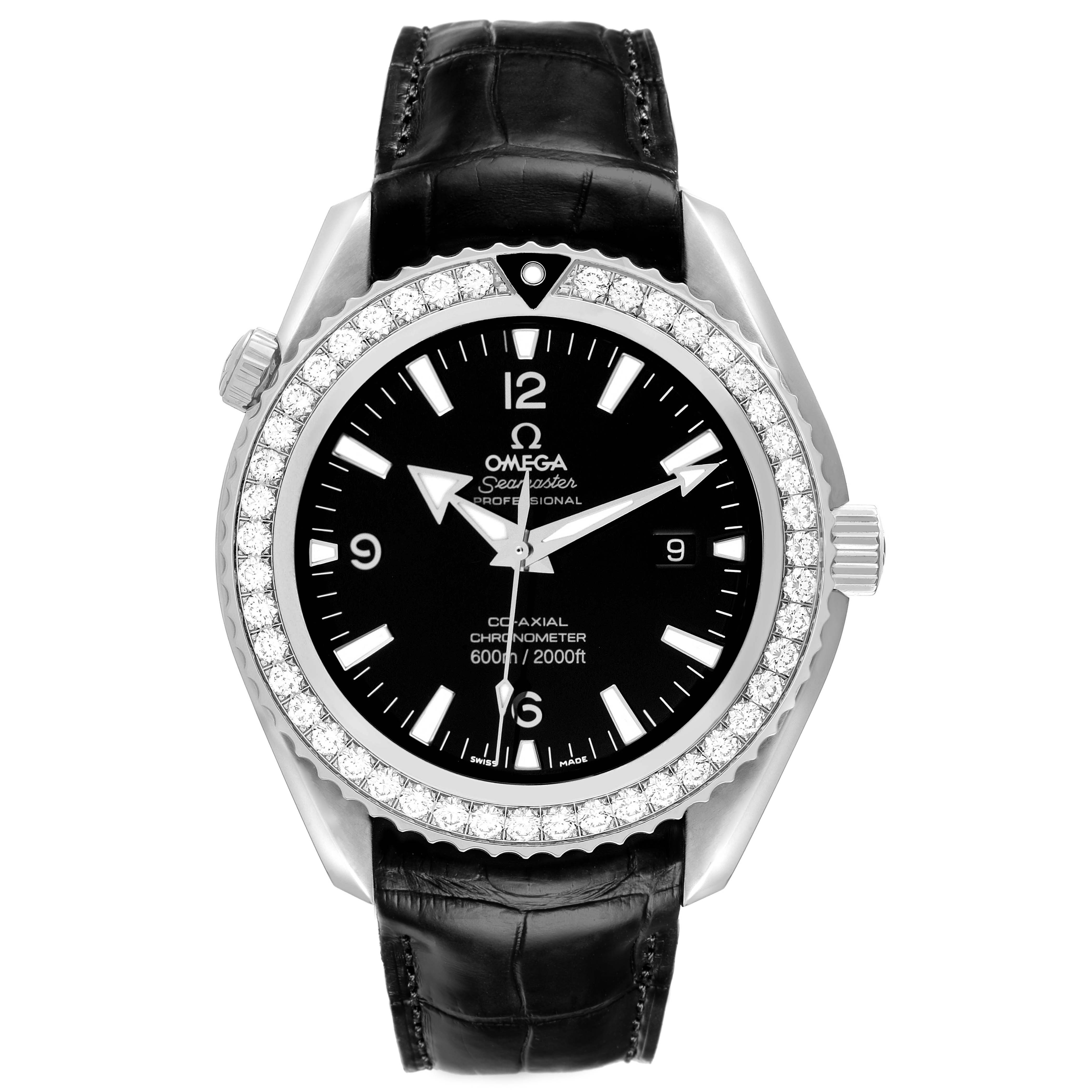 The Omega Planet Ocean 222.18.46.20.01.001 Men's Stainless Steel Black Dial 222.18.46.20.01.001 Men's Stainless Steel Black Dial watch is shown from the front, displaying its bezel, dial, and crown.