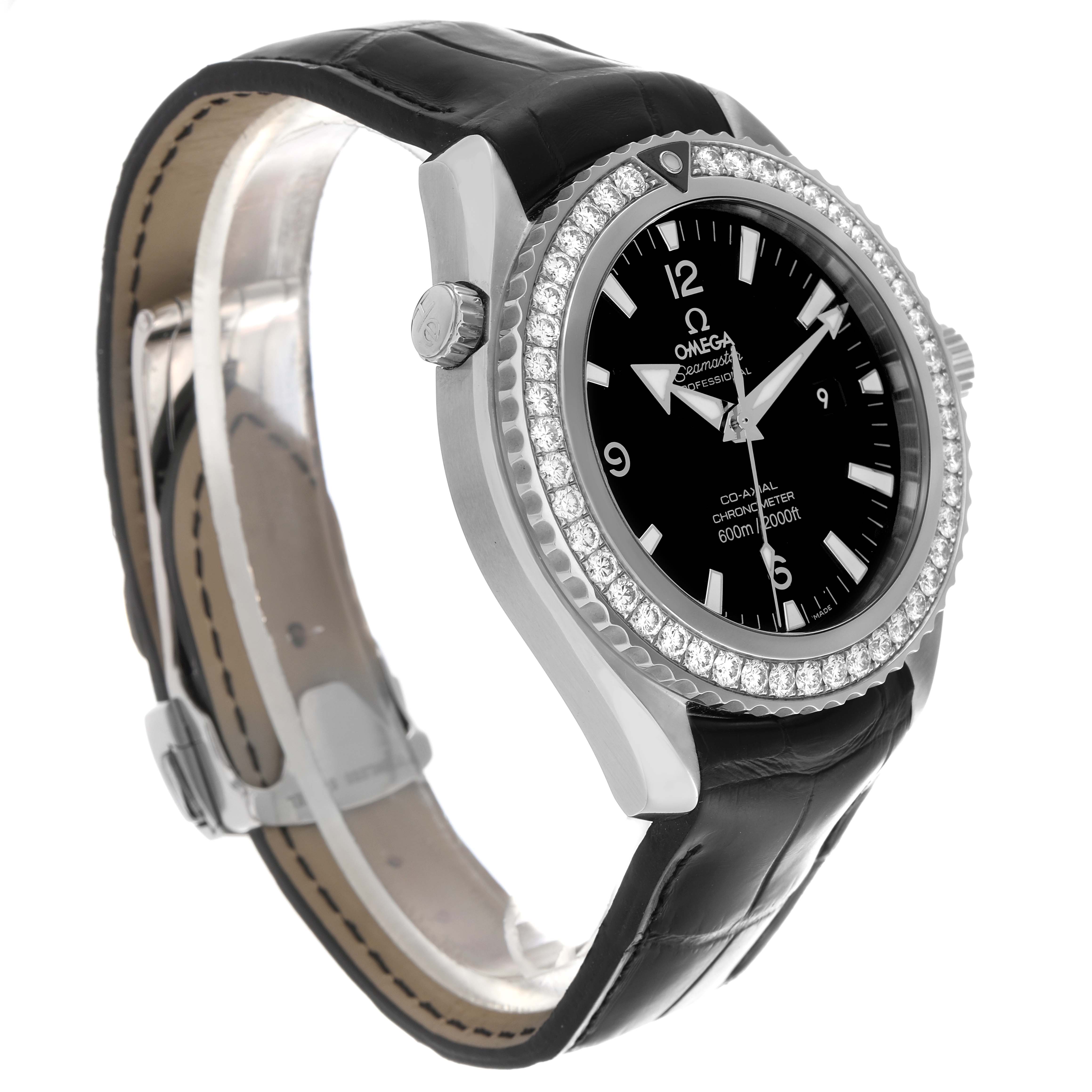 The Omega Planet Ocean 222.18.46.20.01.001 Men's Stainless Steel Black Dial 222.18.46.20.01.001 Men's Stainless Steel Black Dial watch is shown at an oblique angle, highlighting the dial, bezel, and leather strap.