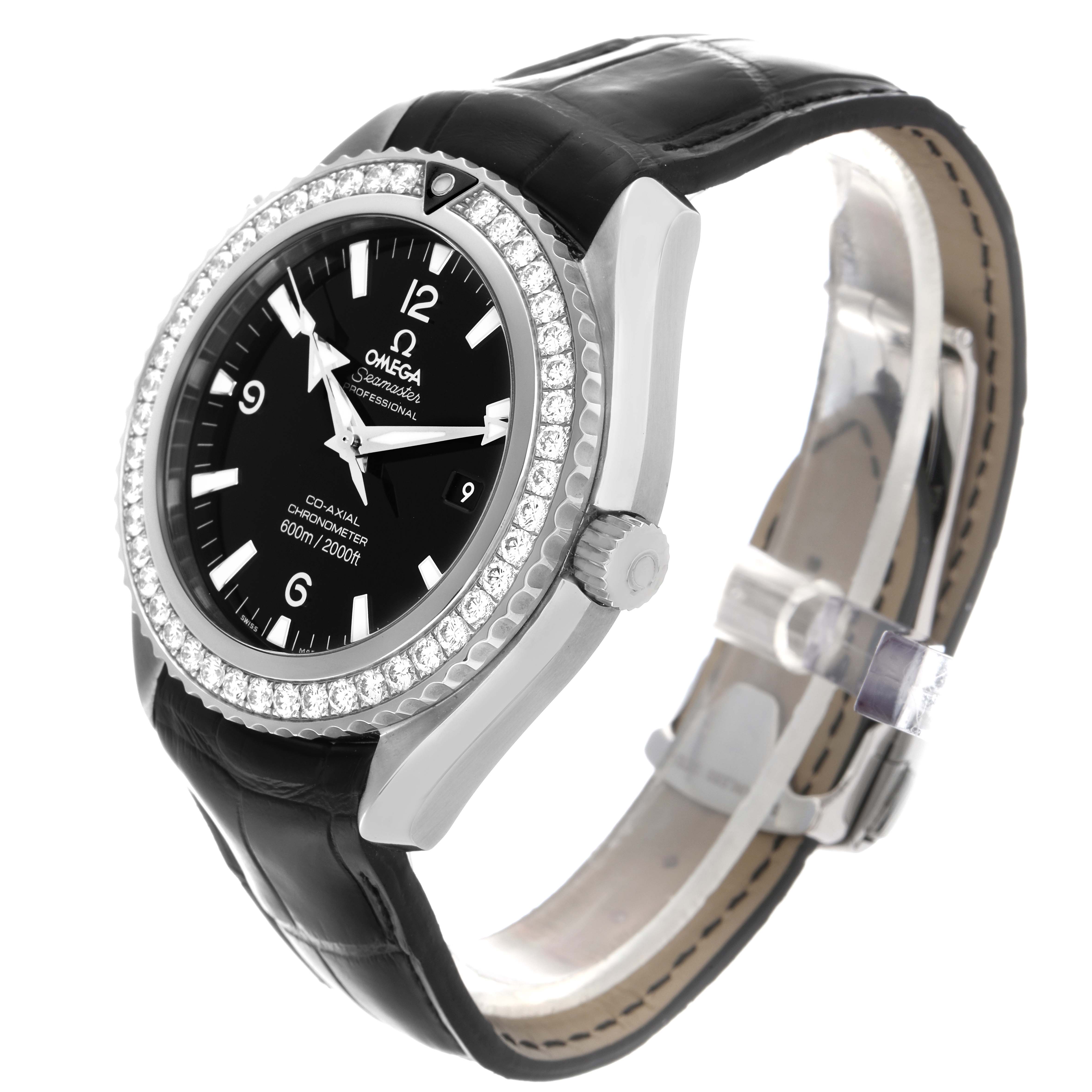 The Omega Planet Ocean 222.18.46.20.01.001 Men's Stainless Steel Black Dial 222.18.46.20.01.001 Men's Stainless Steel Black Dial watch is shown at an angled side view, highlighting the bezel, dial, crown, and leather strap.