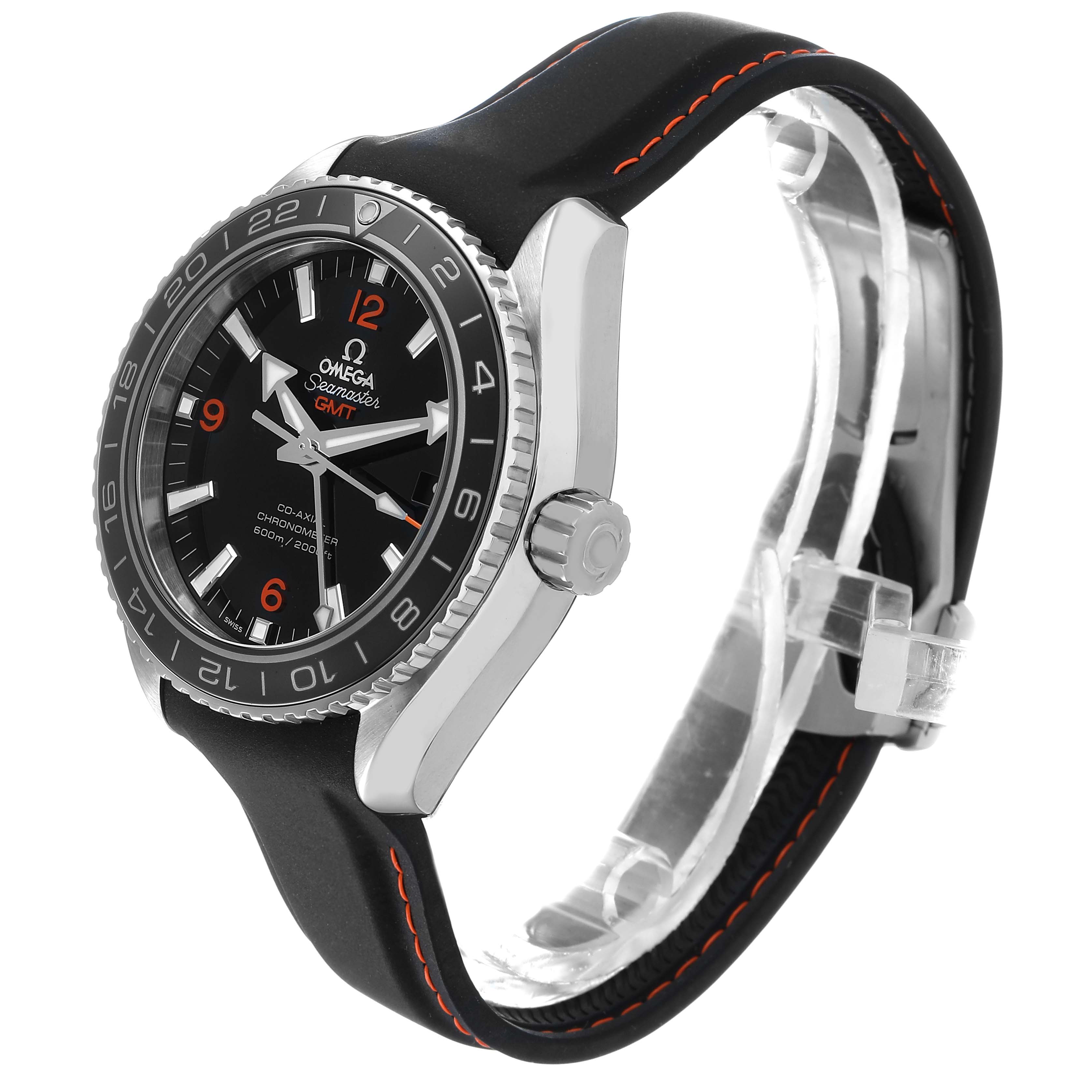 The Omega Planet Ocean 232.32.44.22.01.002 Men's Stainless Steel Black Dial watch is shown from a three-quarter angle, highlighting its dial, bezel, crown, and black strap.