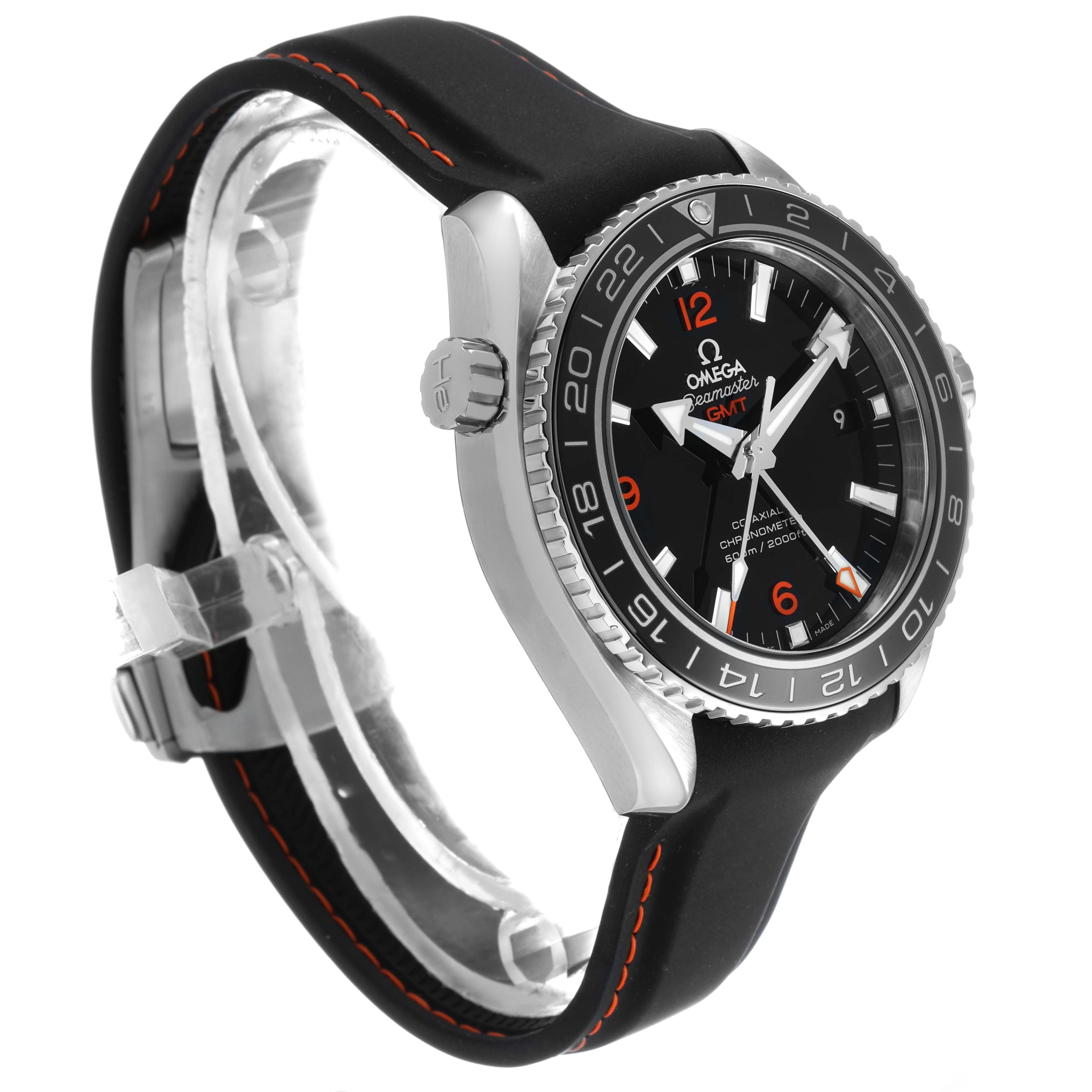 The Omega Planet Ocean 232.32.44.22.01.002 Men's Stainless Steel Black Dial watch is angled to show its side profile, bezel, crown, and part of the black strap with orange stitching.