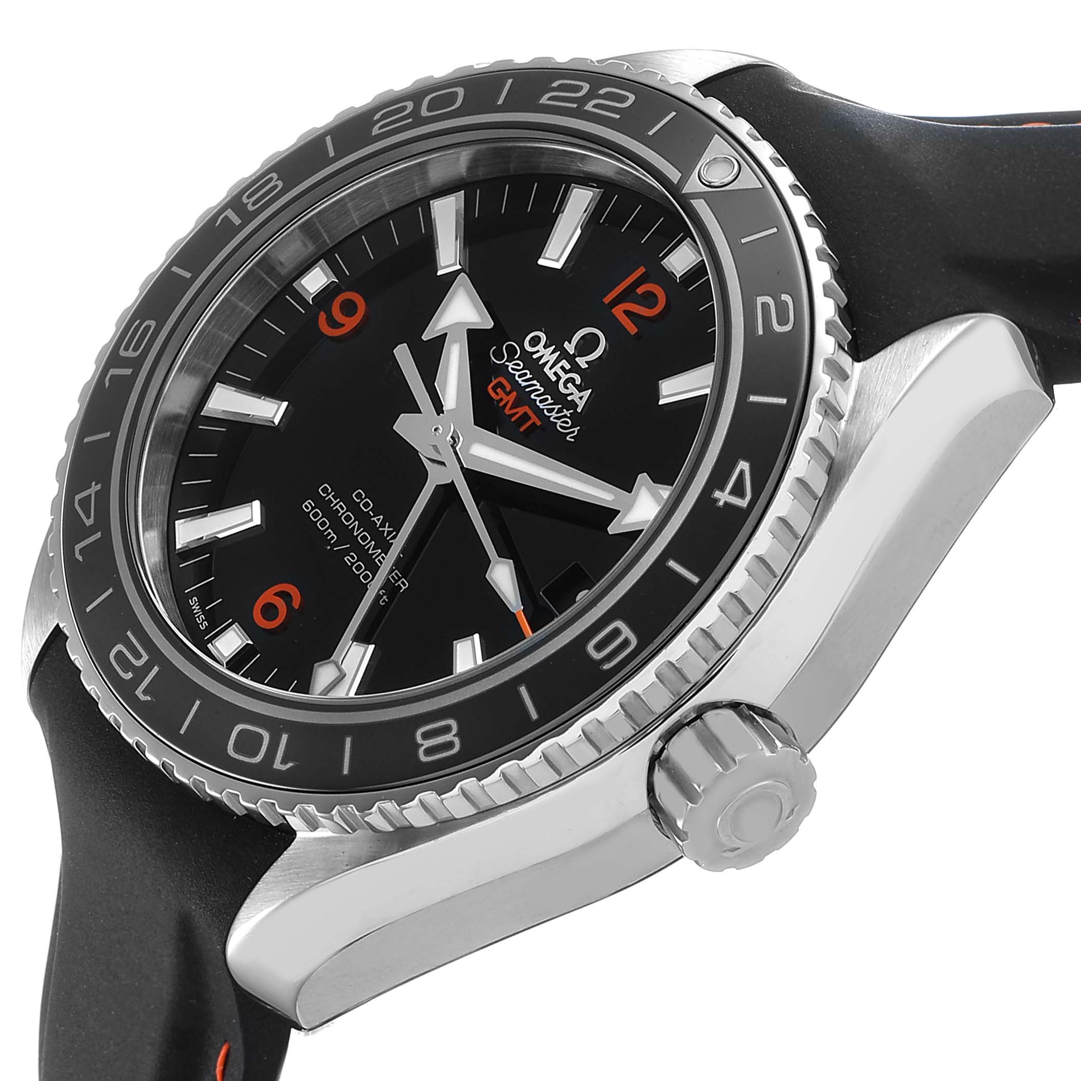 The Omega Planet Ocean 232.32.44.22.01.002 Men's Stainless Steel Black Dial watch is shown at an angled side view, highlighting the bezel, crown, and part of the strap.