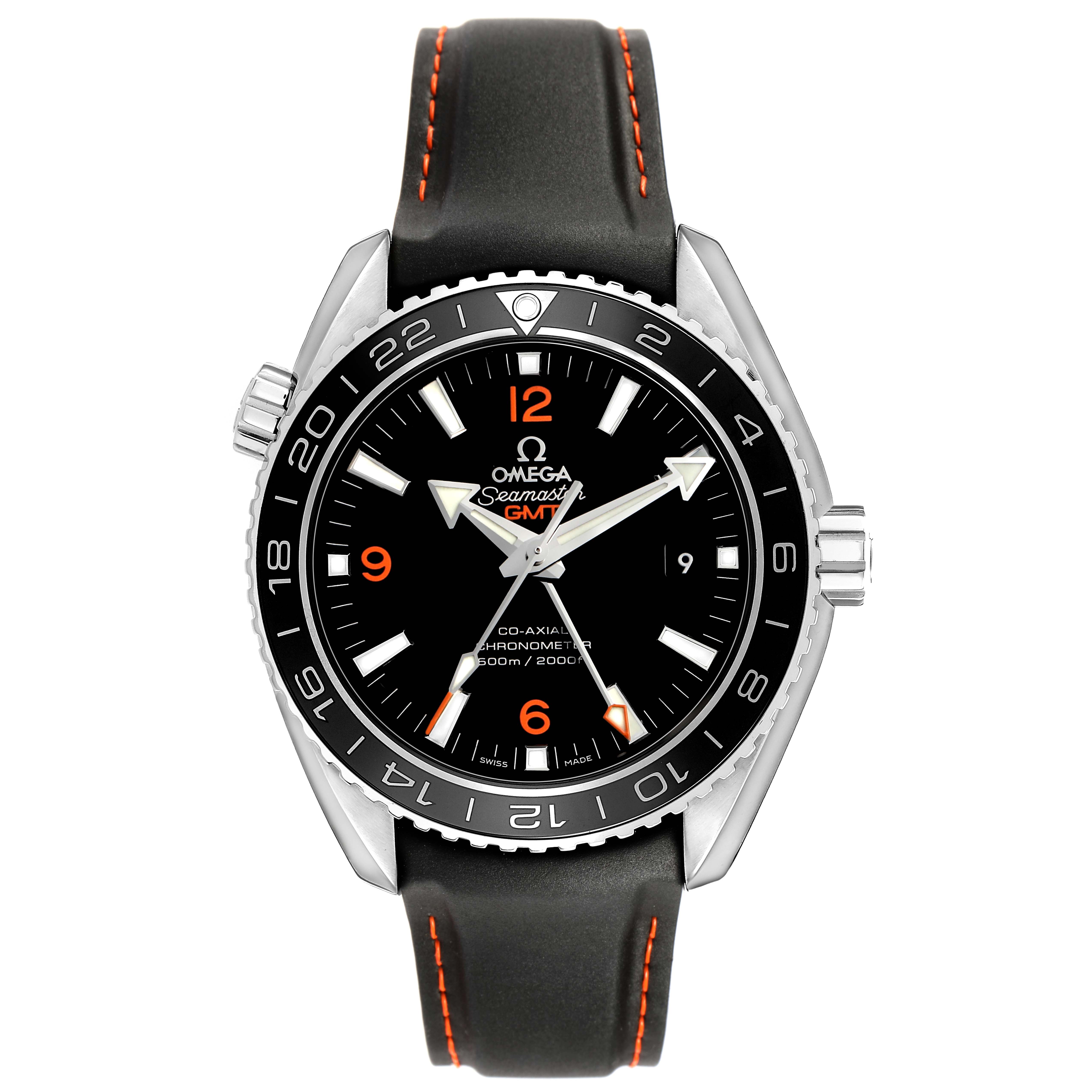 The Omega Planet Ocean 232.32.44.22.01.002 Men's Stainless Steel Black Dial watch is shown from a front view, displaying the dial, bezel, and strap with orange stitching.