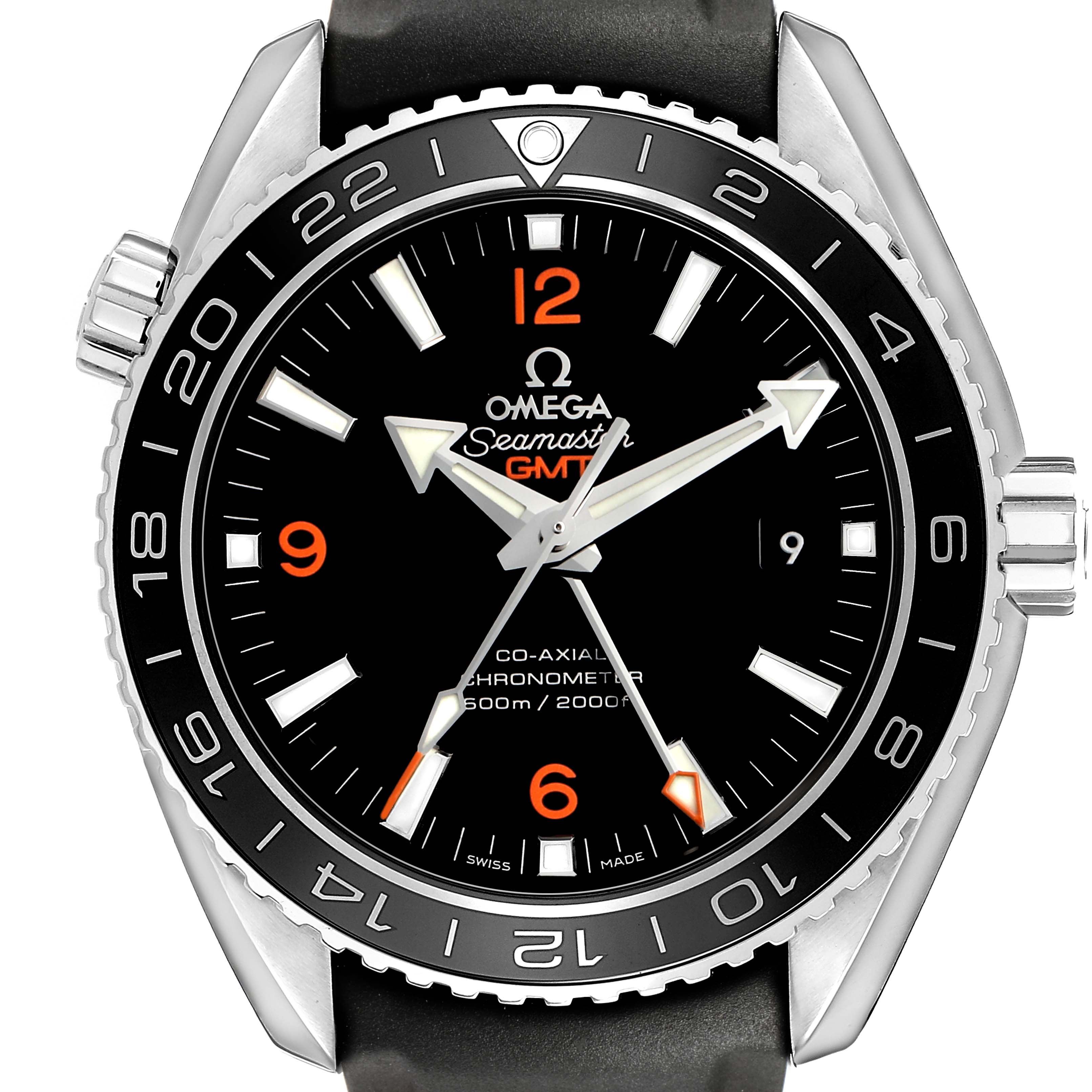 The Omega Planet Ocean 232.32.44.22.01.002 Men's Stainless Steel Black Dial watch is shown from a front angle, displaying the face, hands, bezel, and crown.