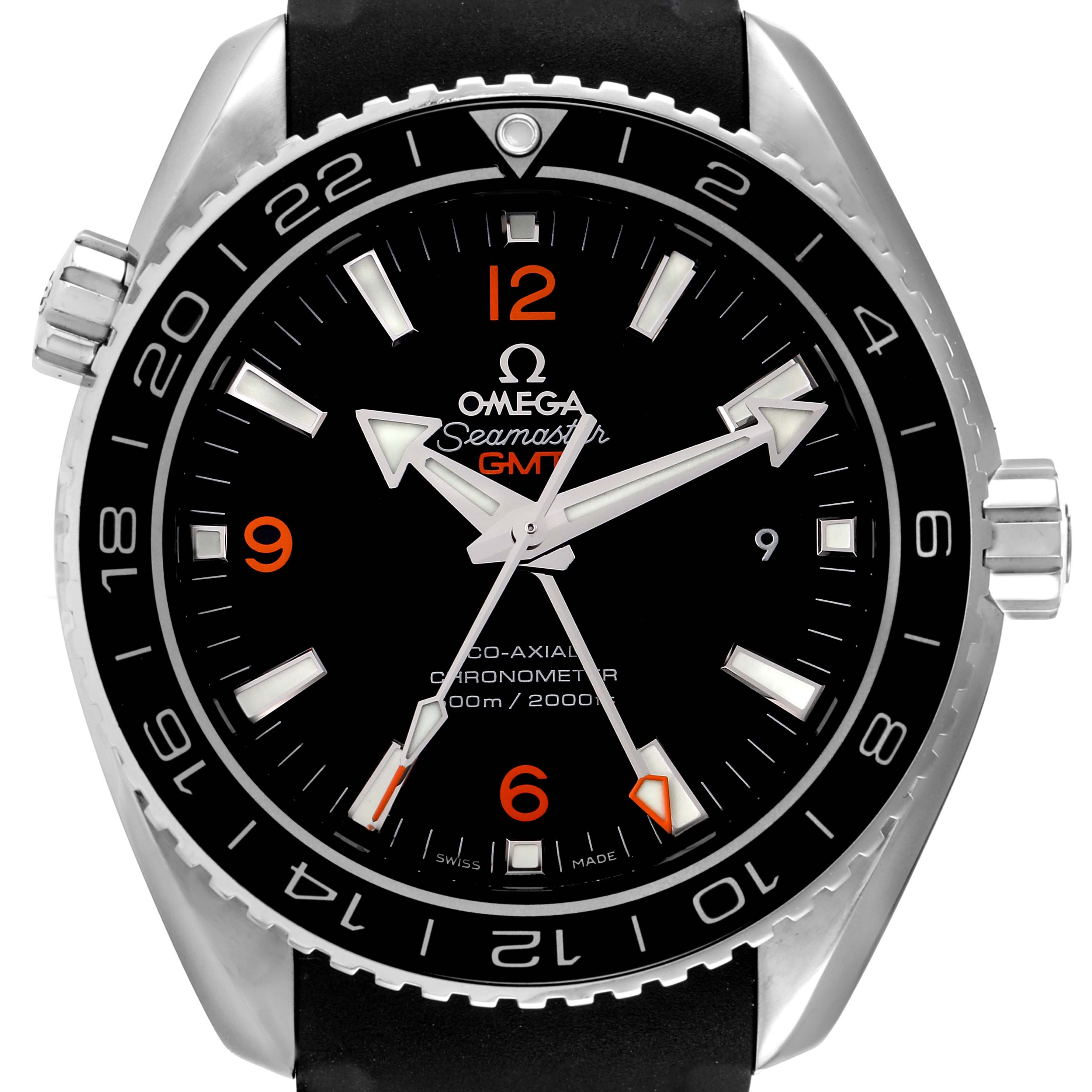 This is a front view of the Omega Planet Ocean 232.32.44.22.01.002 Men
s Stainless Steel Black Dial 232.32.44.22.01.002 Men
s Stainless Steel Black Dial Seamaster GMT watch showing the dial, bezel, hands, and part of the strap.