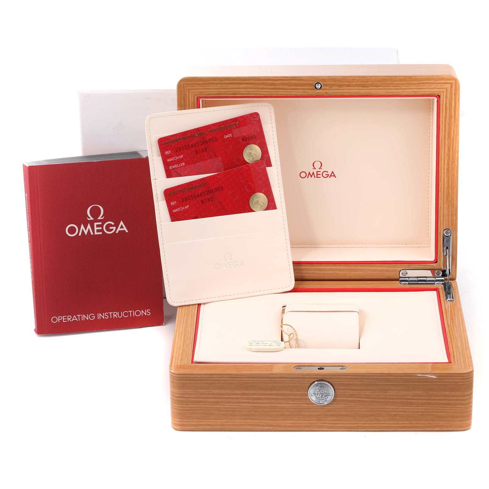 The image shows the Omega Planet Ocean 232.32.44.22.01.002 Men
s Stainless Steel Black Dial 232.32.44.22.01.002 Men
s Stainless Steel Black Dial watch box, operating instructions, and Best Quality
ity cards from a front angle.