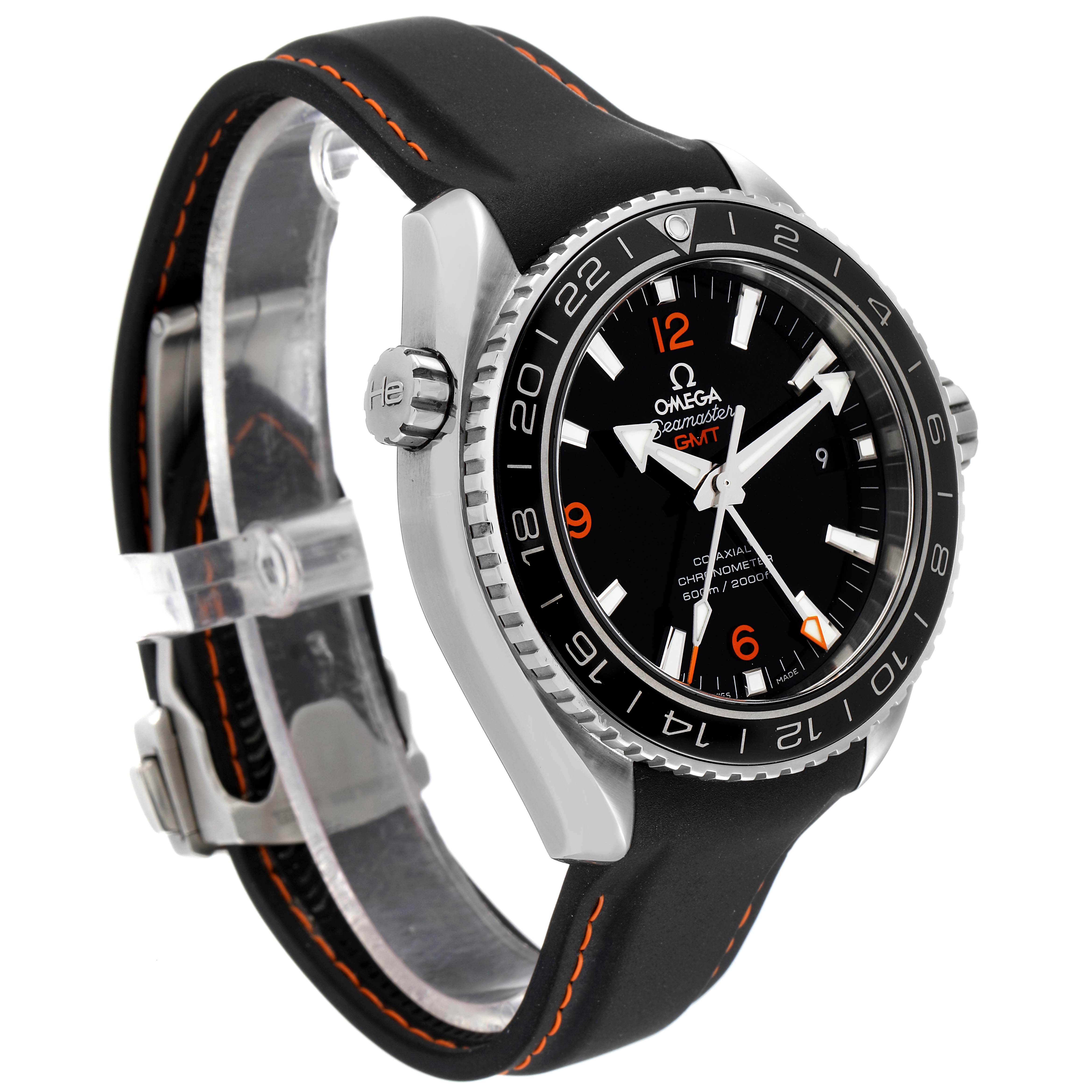 The image shows an Omega Planet Ocean 232.32.44.22.01.002 Men
s Stainless Steel Black Dial 232.32.44.22.01.002 Men
s Stainless Steel Black Dial watch in a side angle, highlighting the bezel, crown, and strap.