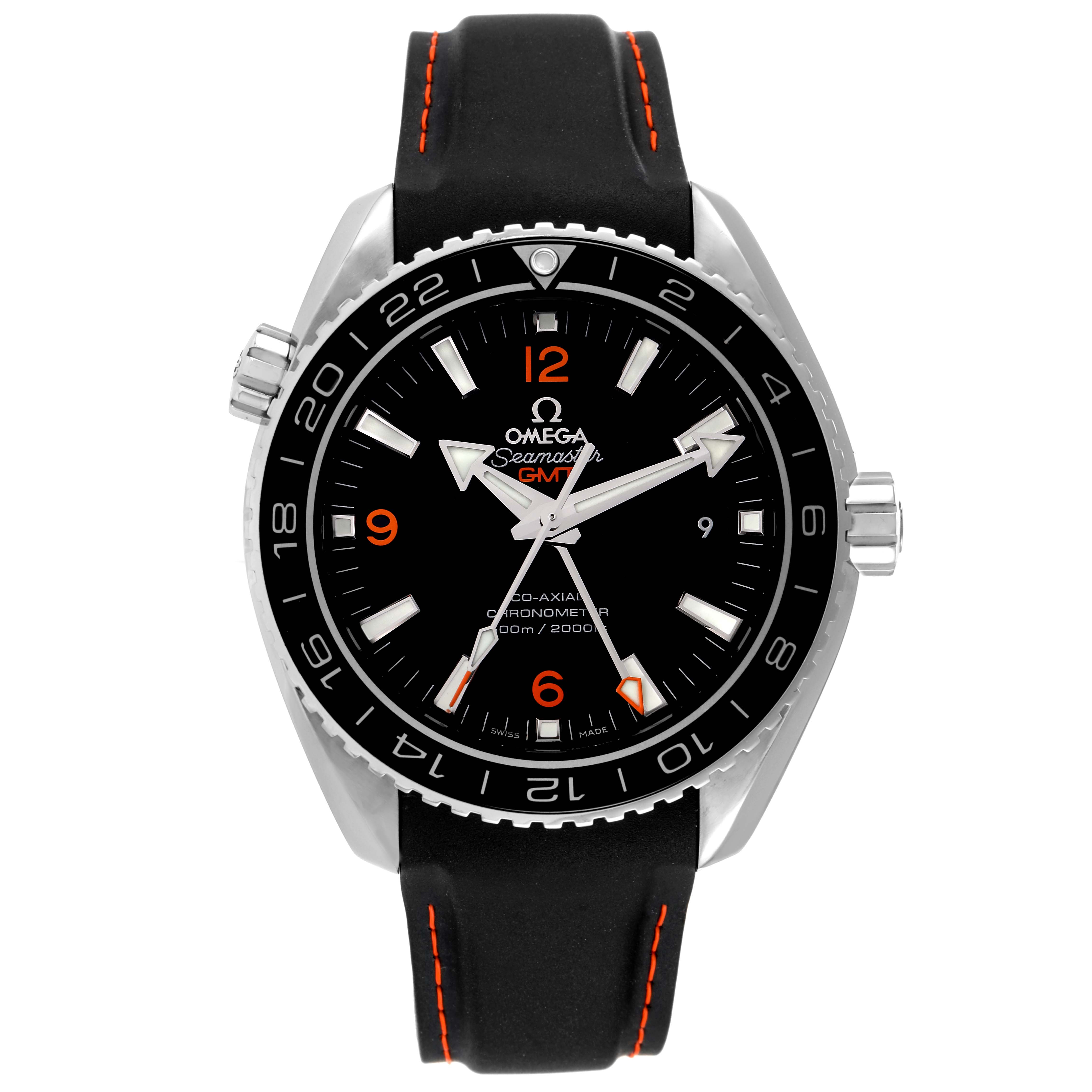 The image shows a front view of the Omega Planet Ocean 232.32.44.22.01.002 Men
s Stainless Steel Black Dial 232.32.44.22.01.002 Men
s Stainless Steel Black Dial watch, highlighting its black dial, bezel, and strap with orange stitching.