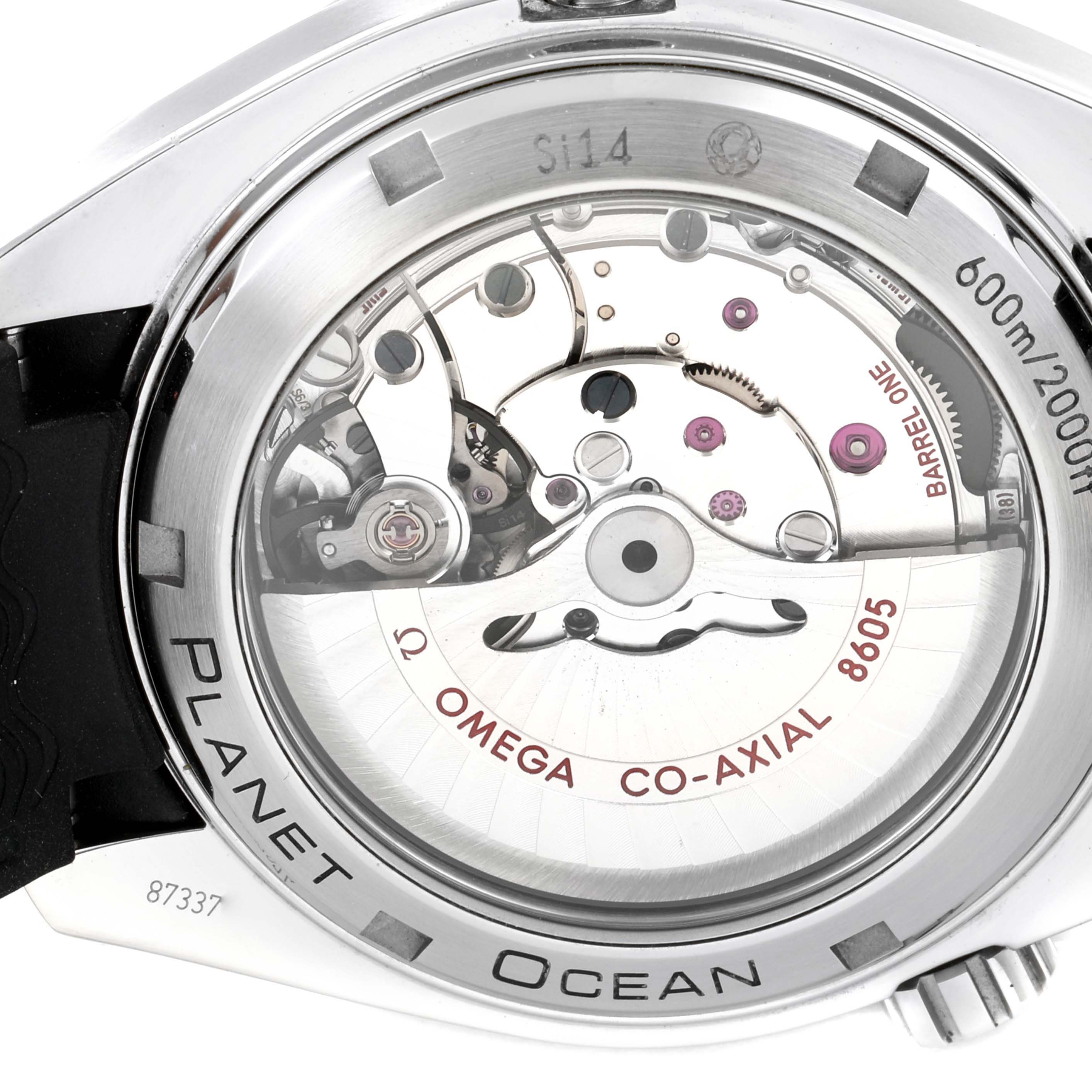 This image shows the back view of the Omega Planet Ocean 232.32.44.22.01.002 Men
s Stainless Steel Black Dial 232.32.44.22.01.002 Men
s Stainless Steel Black Dial watch, highlighting its Co-Axial 8605 movement.