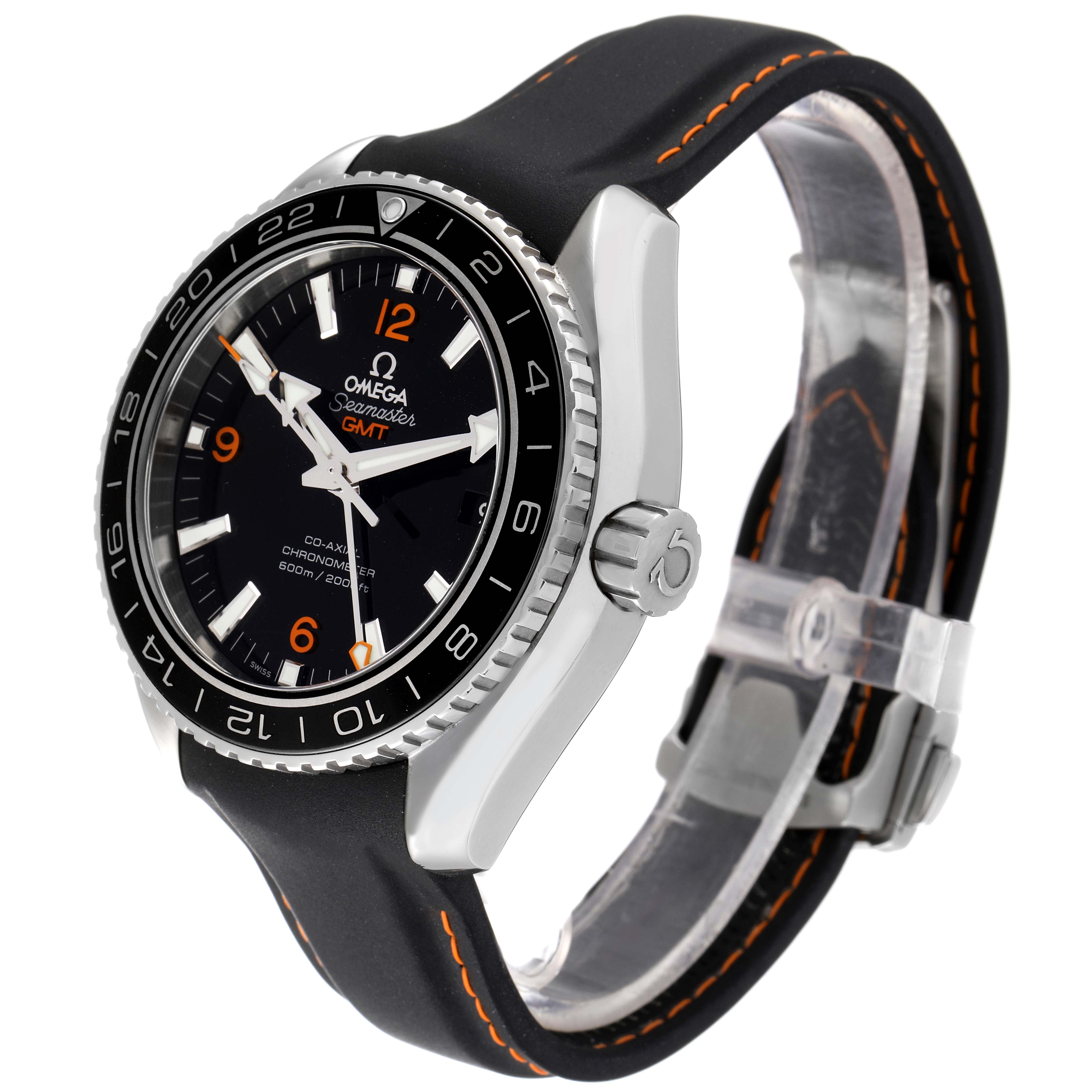 The Omega Planet Ocean 232.32.44.22.01.002 Men
s Stainless Steel Black Dial 232.32.44.22.01.002 Men
s Stainless Steel Black Dial model watch is shown at a 3/4 angle displaying the dial, crown, bezel, and strap.