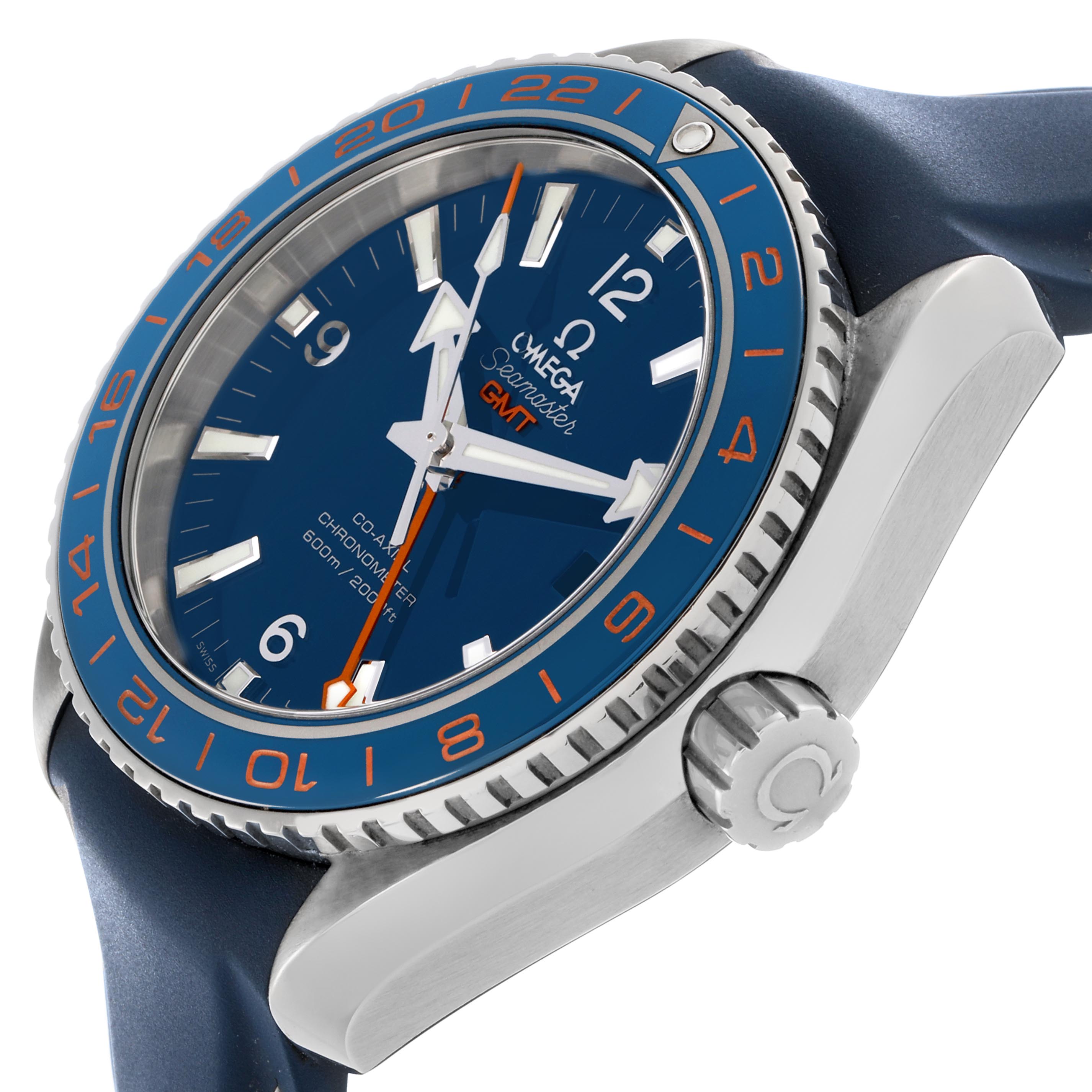 The Omega Planet Ocean 232.32.44.22.03.001 Men's Stainless Steel Blue Dial 232.32.44.22.03.001 Men's Stainless Steel Blue Dial watch is shown at a side angle, highlighting the bezel, crown, and part of the strap.