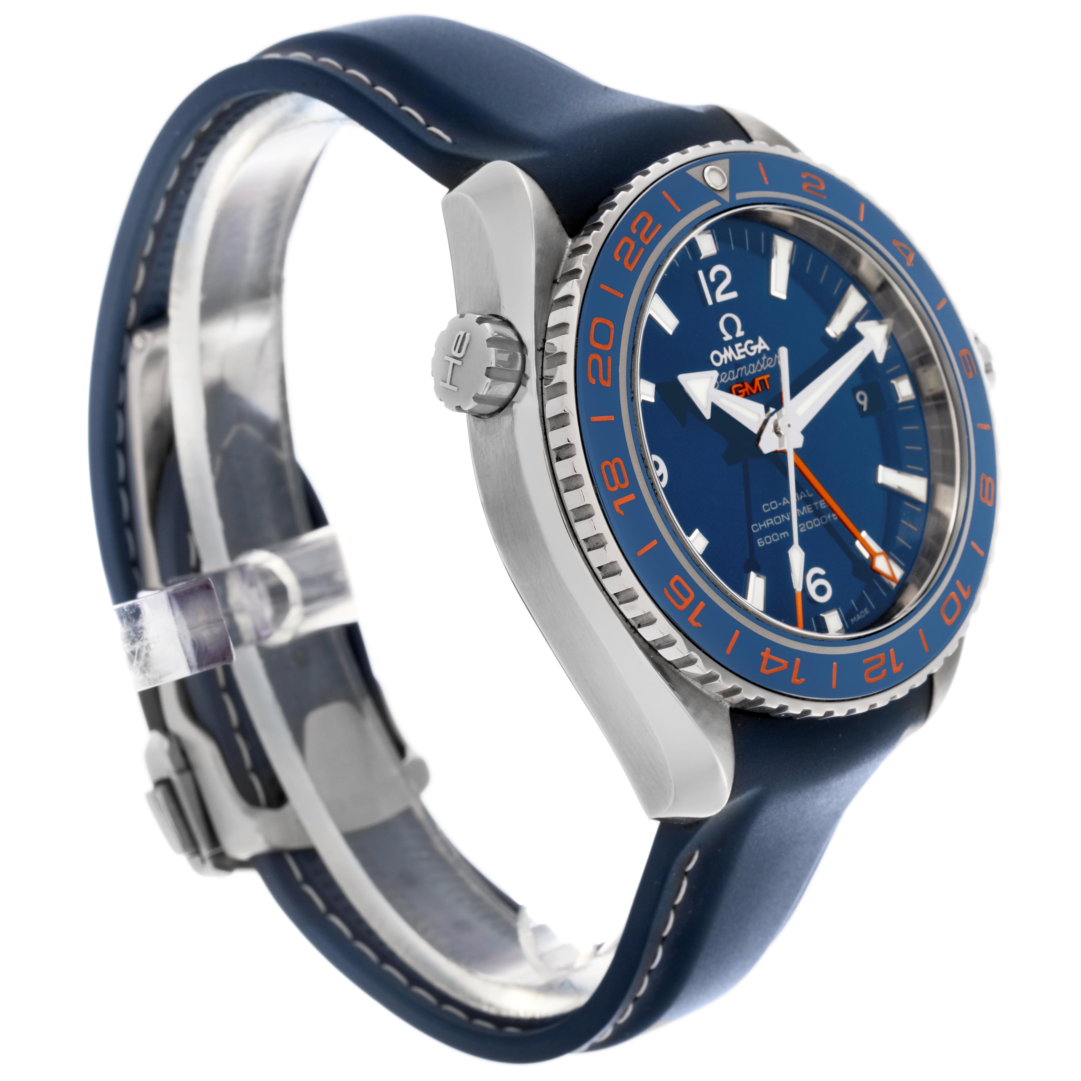 The Omega Planet Ocean 232.32.44.22.03.001 Men's Stainless Steel Blue Dial 232.32.44.22.03.001 Men's Stainless Steel Blue Dial watch is shown from a side angle, highlighting the blue dial, bezel, crown, and strap.