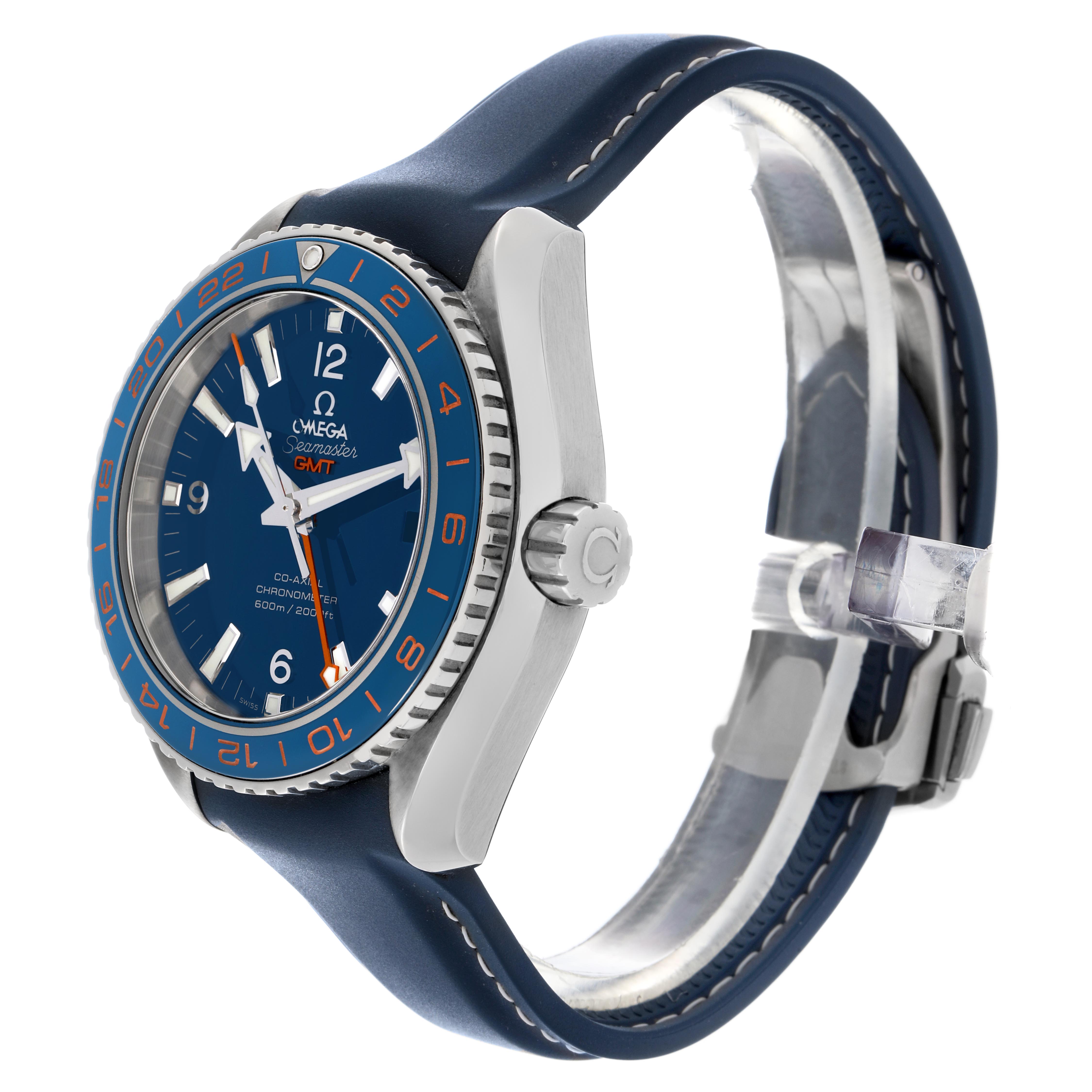 The Omega Planet Ocean 232.32.44.22.03.001 Men's Stainless Steel Blue Dial 232.32.44.22.03.001 Men's Stainless Steel Blue Dial watch is shown from a side angle, revealing the crown, bezel, and part of the strap.