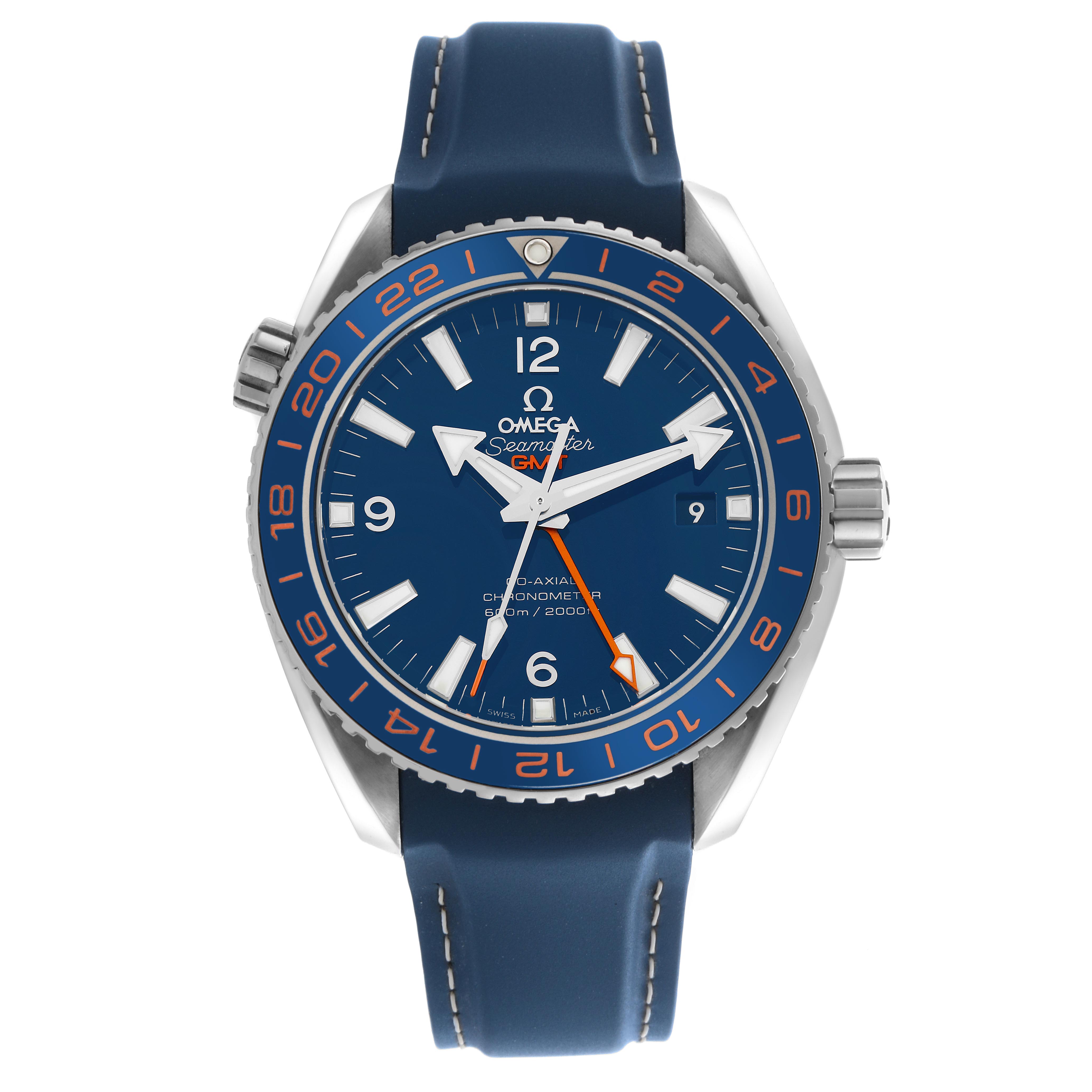 The Omega Planet Ocean 232.32.44.22.03.001 Men's Stainless Steel Blue Dial 232.32.44.22.03.001 Men's Stainless Steel Blue Dial watch is shown from a front angle, displaying its dial, bezel, and strap.