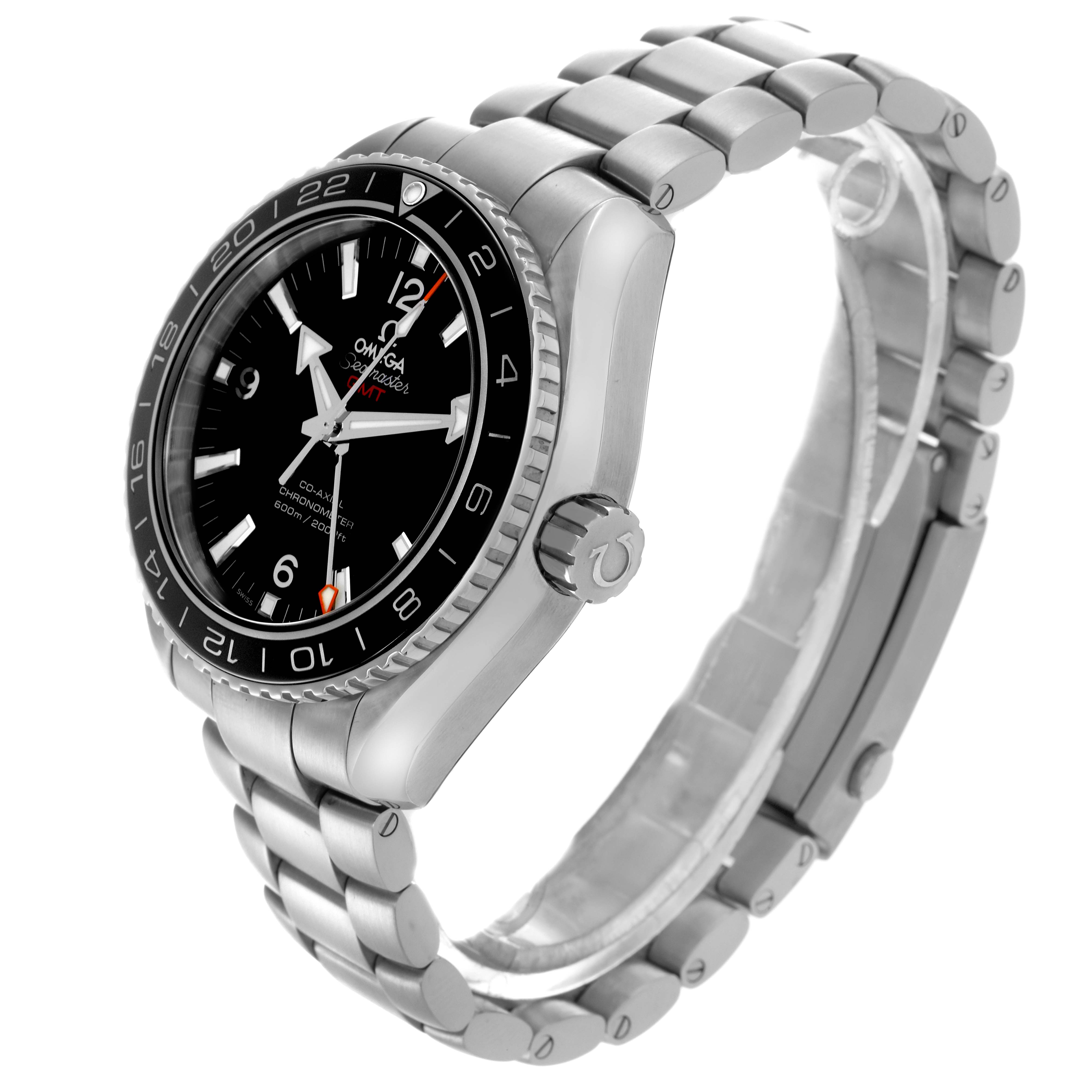 The Omega Planet Ocean 232.30.44.22.01.001 Men
s Stainless Steel Black Dial 232.30.44.22.01.001 Men
s Stainless Steel Black Dial watch is shown from a front-side angle, highlighting the face, bezel, crown, and stainless steel bracelet.