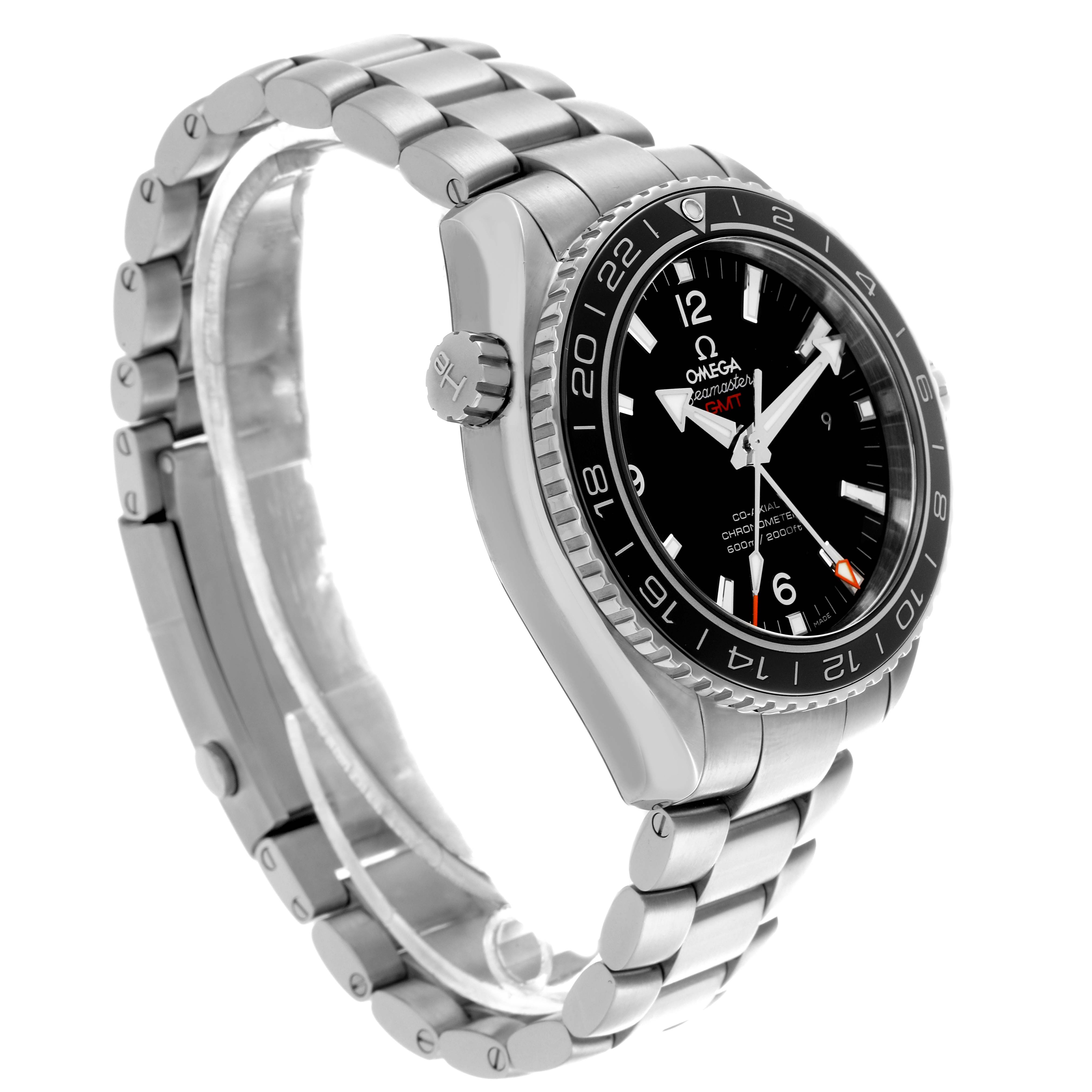 The Omega Planet Ocean 232.30.44.22.01.001 Men
s Stainless Steel Black Dial 232.30.44.22.01.001 Men
s Stainless Steel Black Dial watch is shown at a side angle, highlighting the bezel, crown, and bracelet.