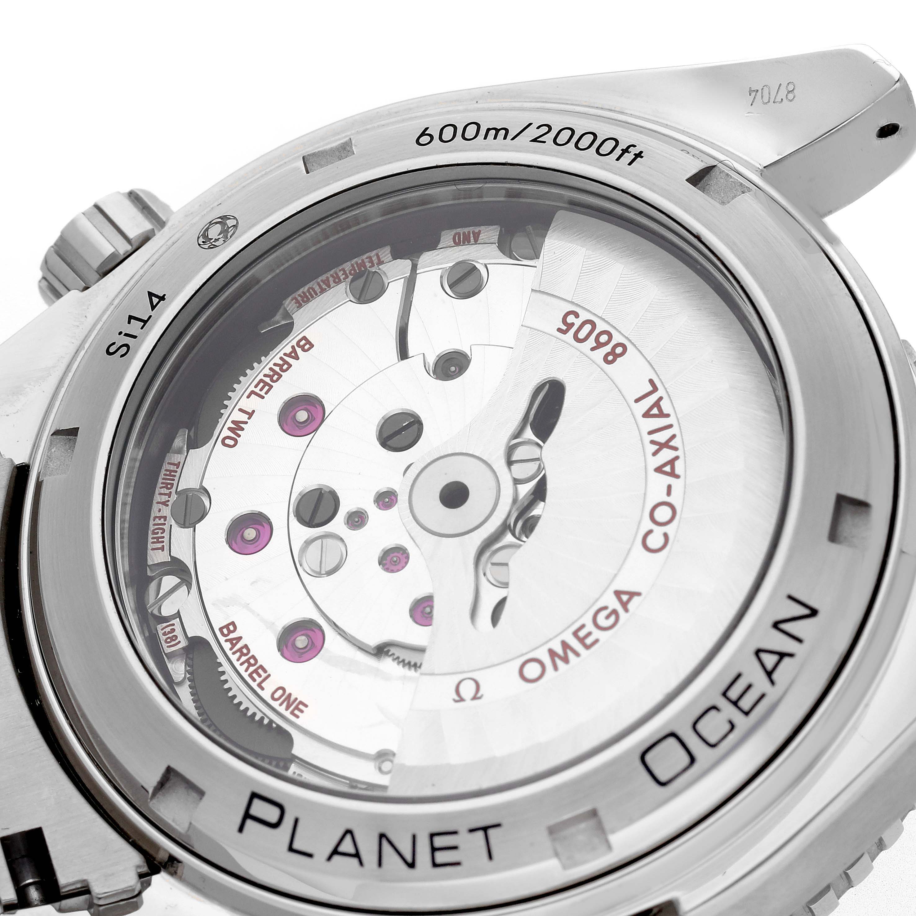 The Omega Planet Ocean 232.30.44.22.01.001 Men
s Stainless Steel Black Dial 232.30.44.22.01.001 Men
s Stainless Steel Black Dial watch is shown from the back, revealing its Co-Axial movement and water resistance marking.