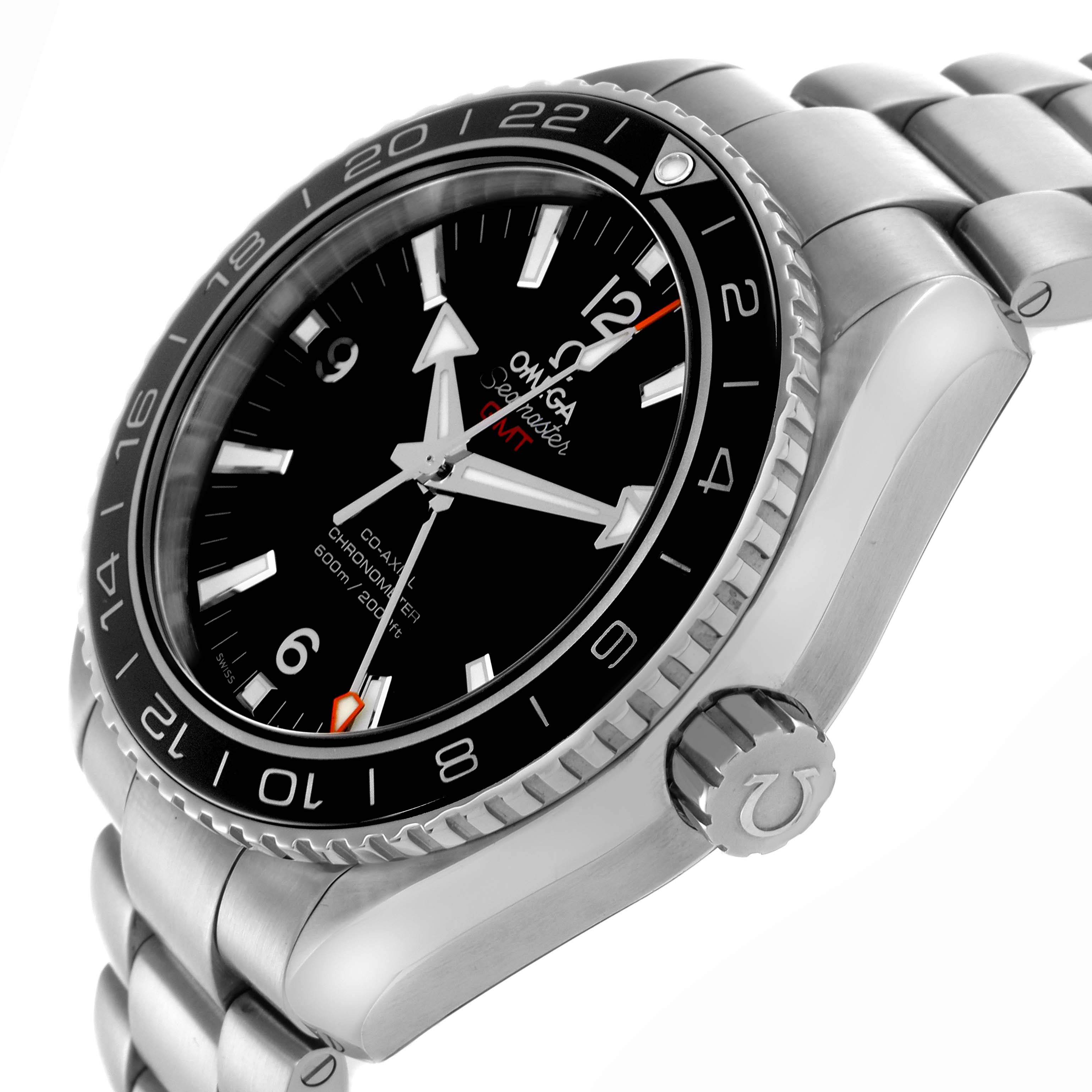 The Omega Planet Ocean 232.30.44.22.01.001 Men
s Stainless Steel Black Dial 232.30.44.22.01.001 Men
s Stainless Steel Black Dial watch is shown at a side angle, highlighting the bezel, dial, crown, and stainless steel bracelet.