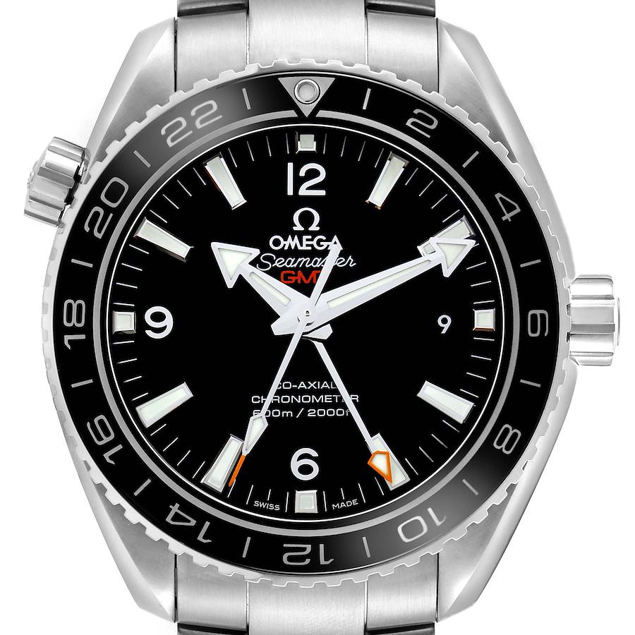 The Omega Planet Ocean watch is shown from the front, highlighting the face, bezel, and part of the bracelet.
