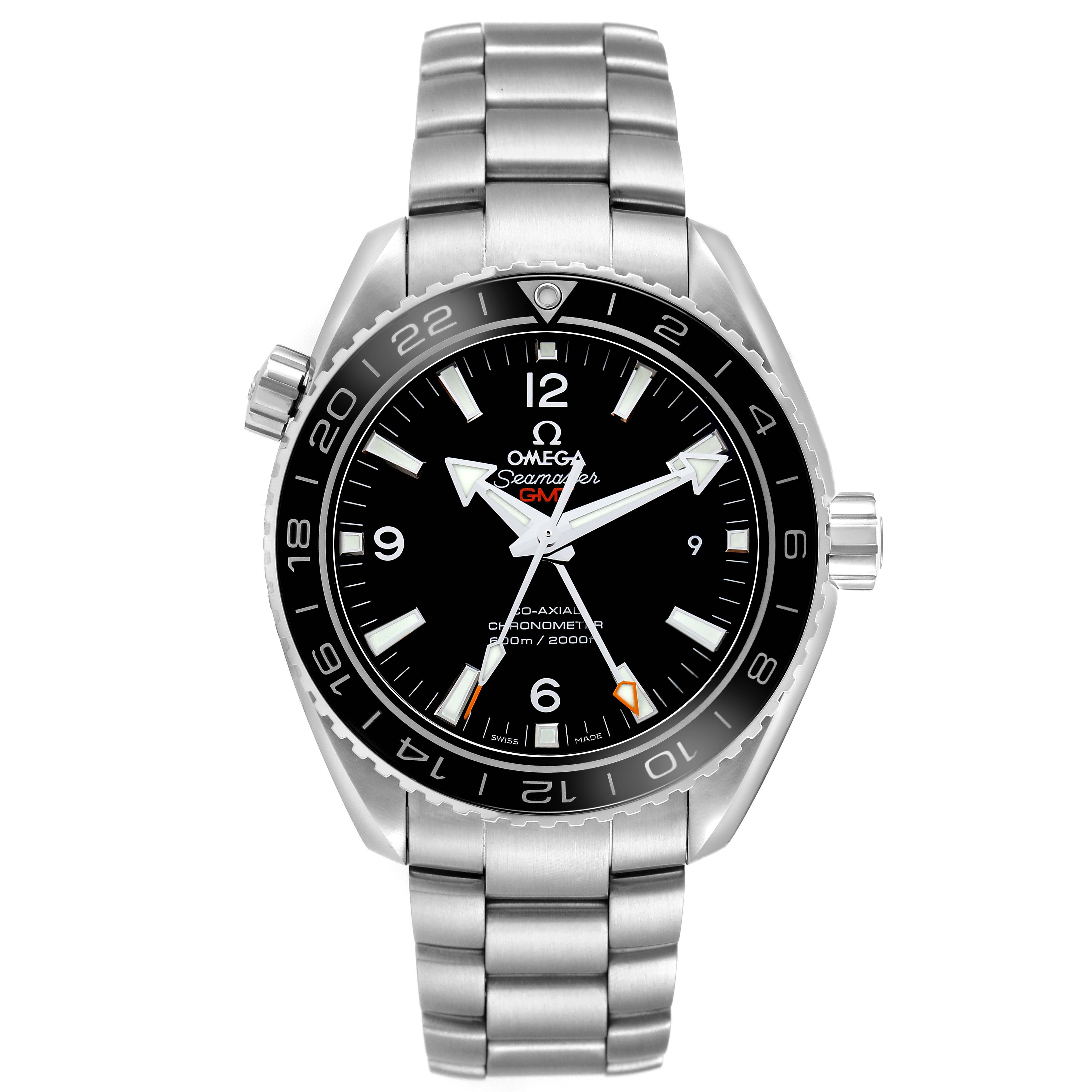 The Omega Planet Ocean 232.30.44.22.01.001 Men
s Stainless Steel Black Dial 232.30.44.22.01.001 Men
s Stainless Steel Black Dial watch is shown from the front, displaying its dial, bezel, and part of the bracelet.