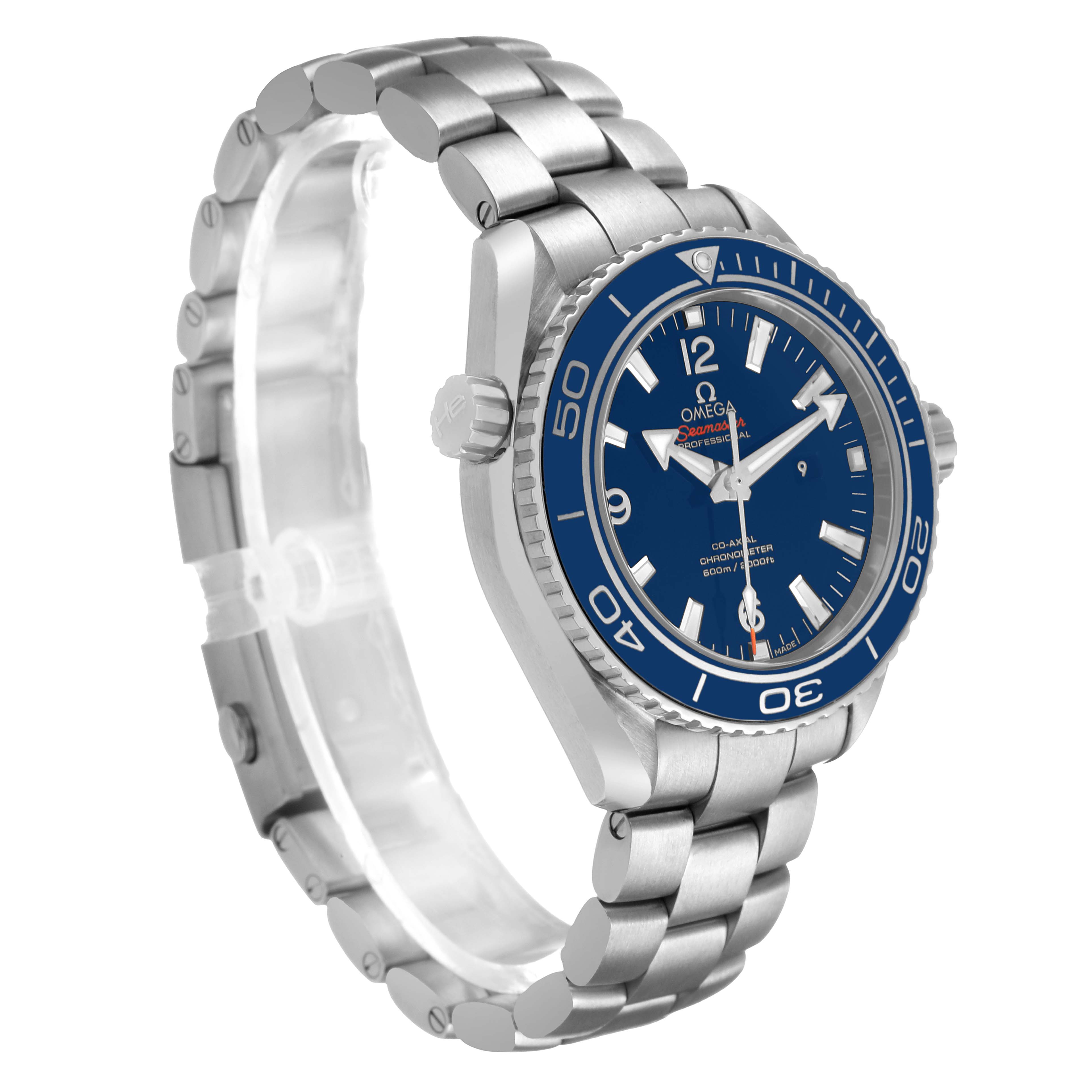 The Omega Planet Ocean 232.90.38.20.03.001 Men's Titanium Blue Dial watch is shown at a three-quarter angle, displaying the blue dial, bezel, and metal bracelet.