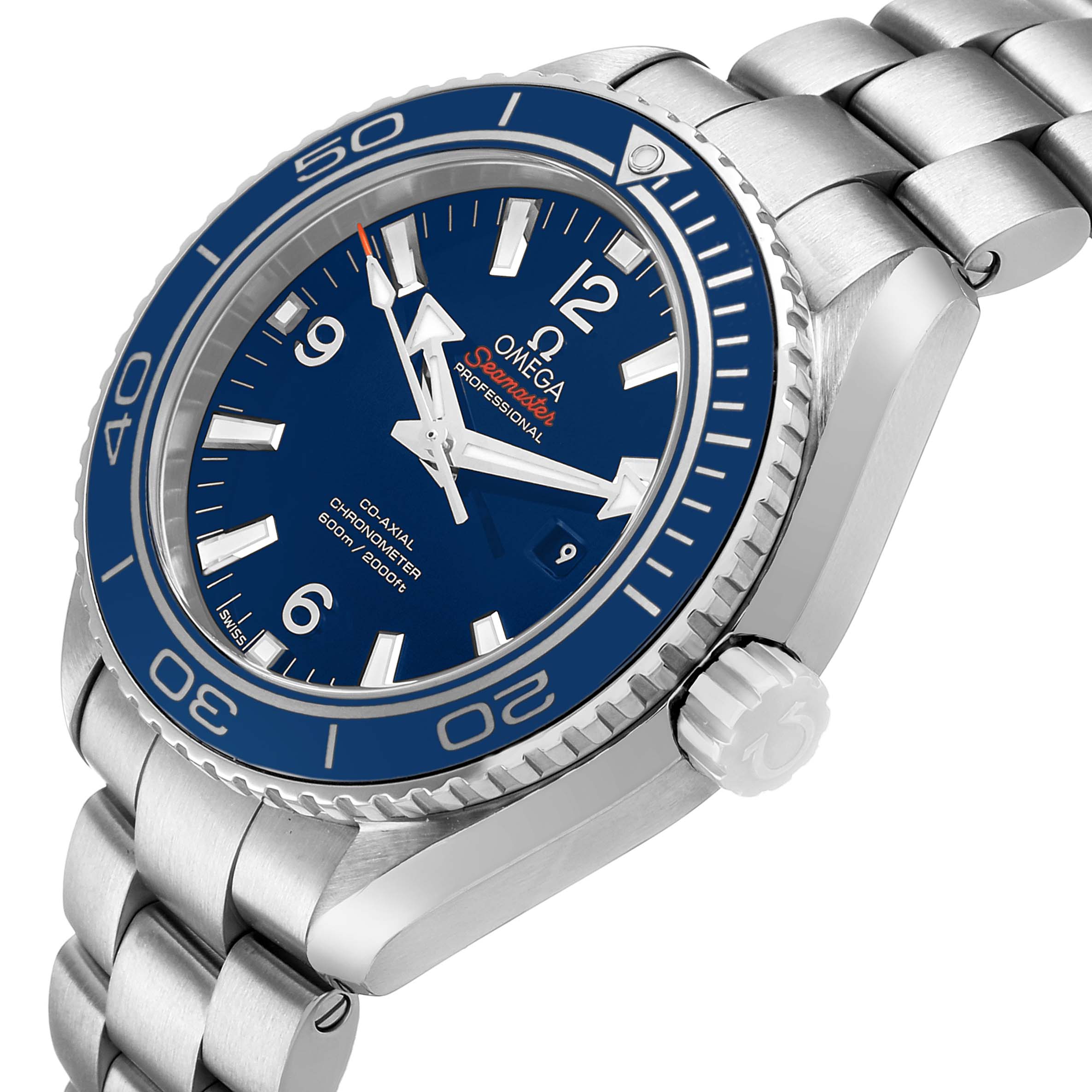 The Omega Planet Ocean 232.90.38.20.03.001 Men's Titanium Blue Dial watch is shown at an angled view highlighting the blue dial, bezel, crown, and bracelet links.