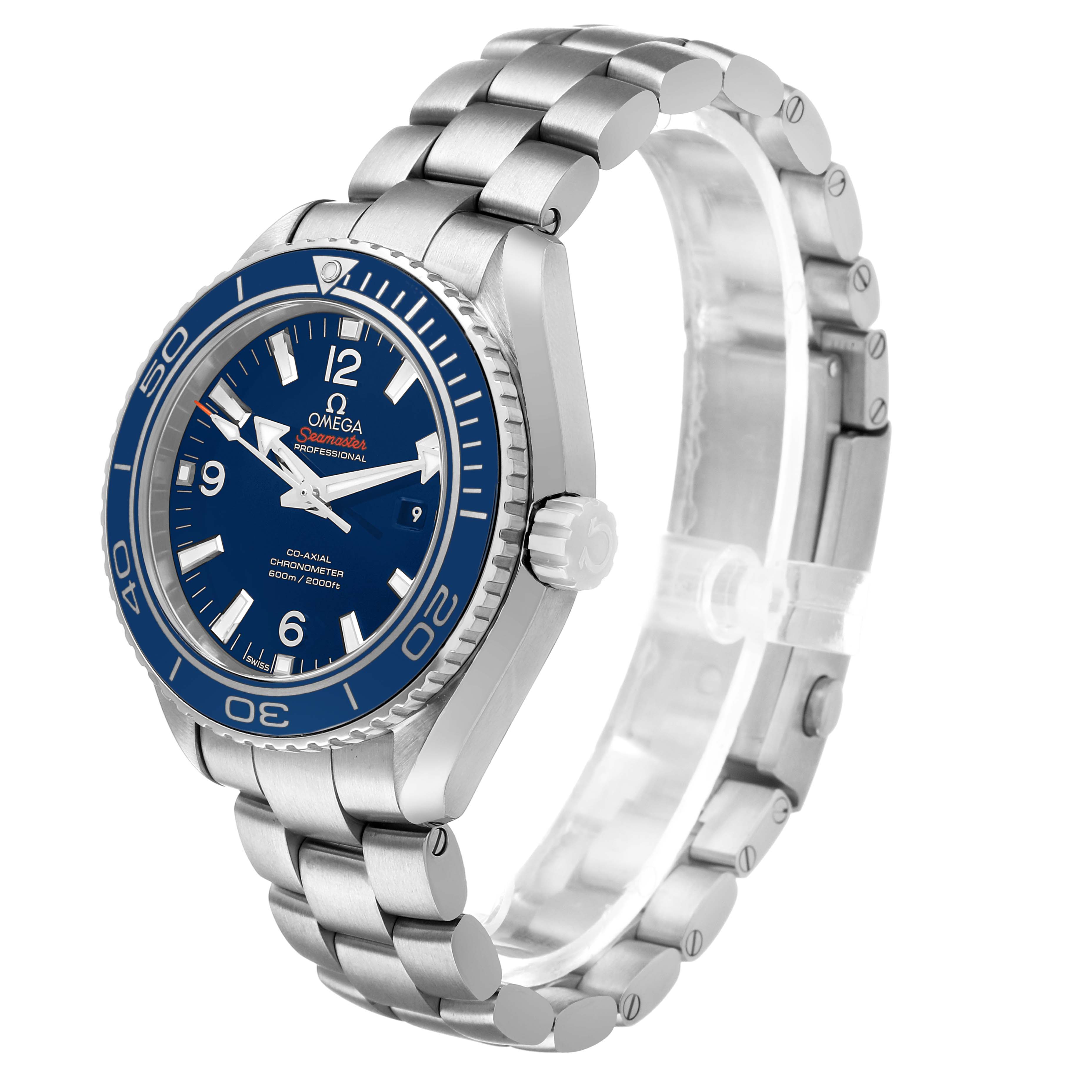 The Omega Planet Ocean 232.90.38.20.03.001 Men's Titanium Blue Dial watch is shown at a three-quarter angle, highlighting the blue dial, bezel, and metal bracelet.