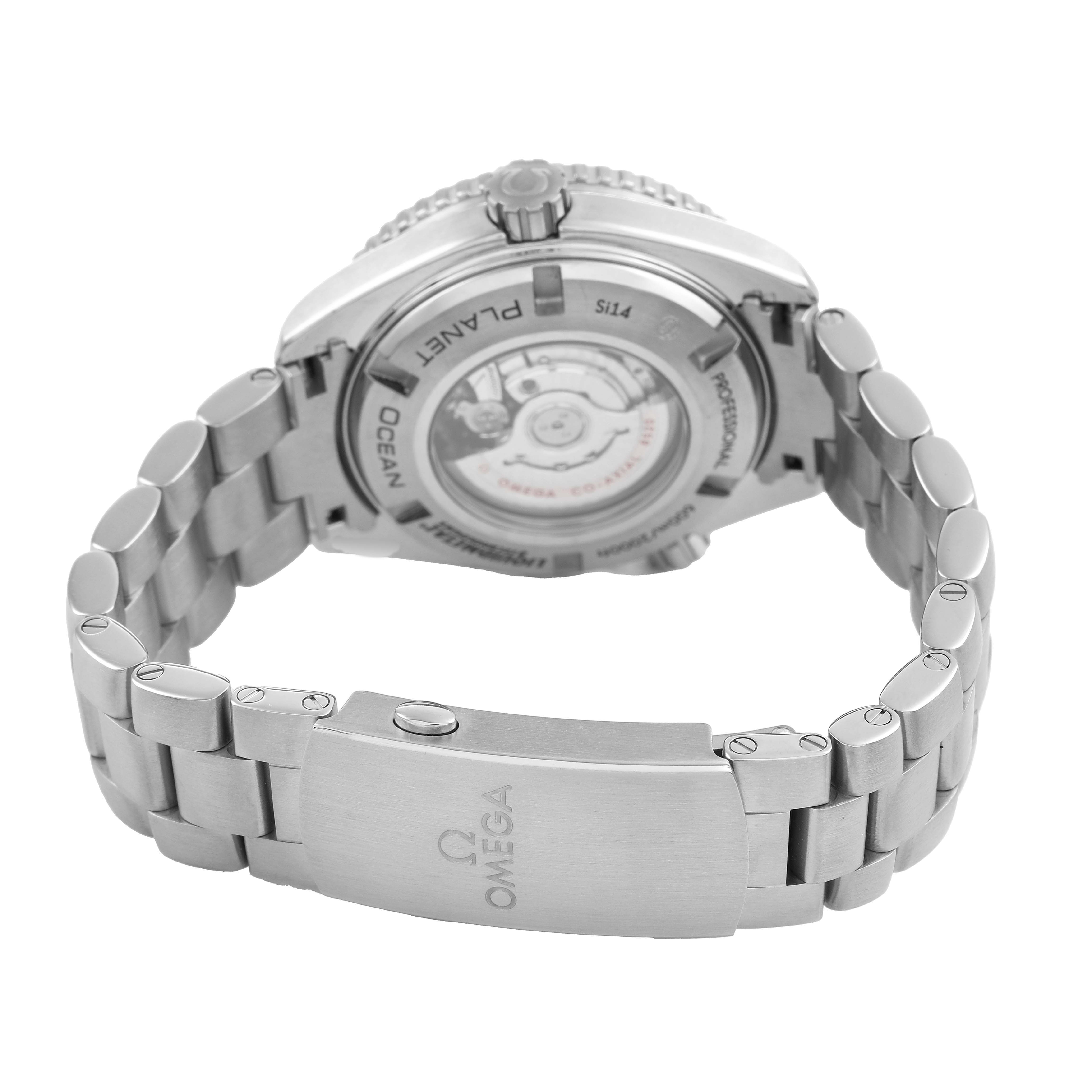 The image shows the back of the Omega Planet Ocean 232.90.38.20.03.001 Men's Titanium Blue Dial watch, highlighting the transparent case back and metal bracelet with clasp.