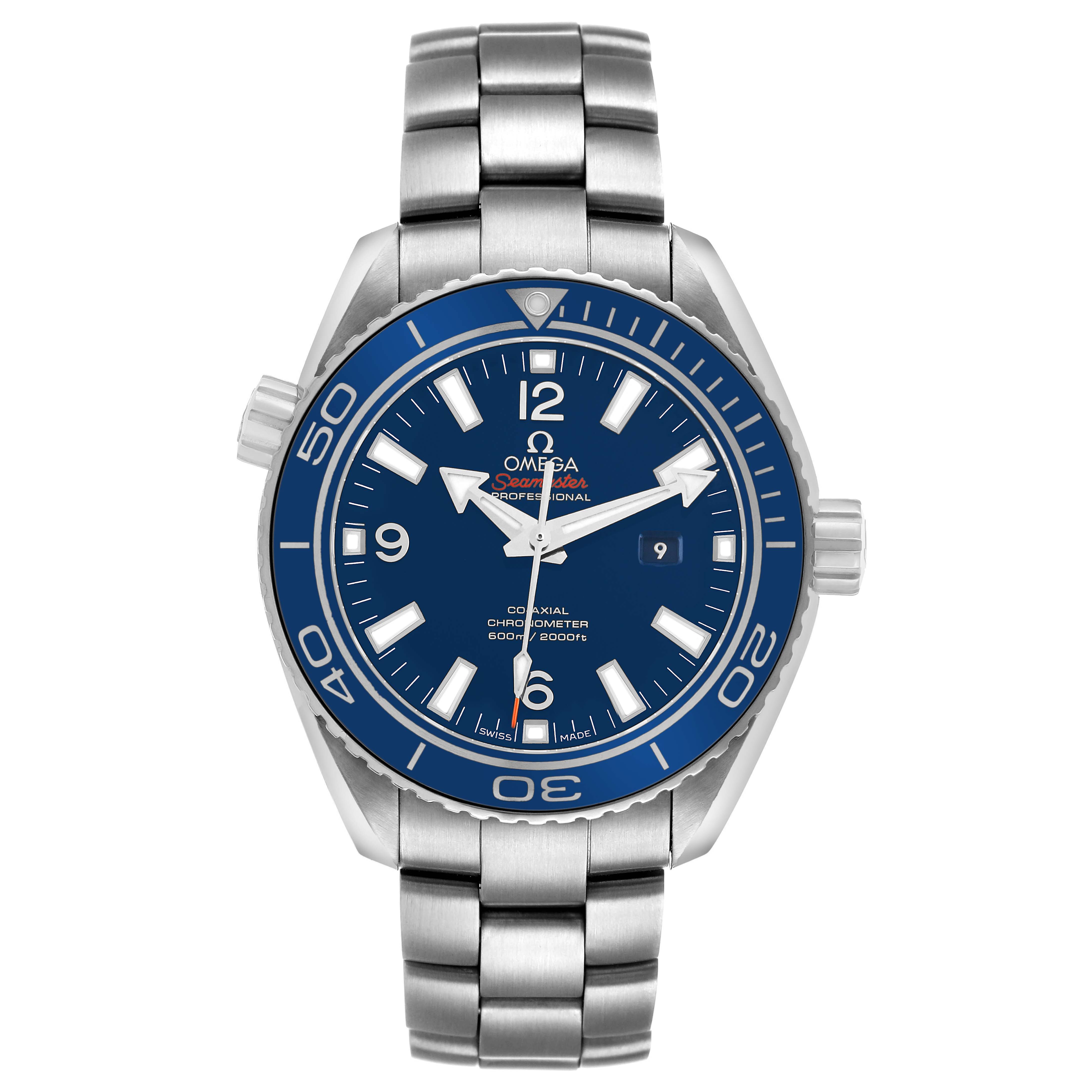 The Omega Planet Ocean 232.90.38.20.03.001 Men's Titanium Blue Dial watch is shown from the front, displaying the dial, bezel, and bracelet.