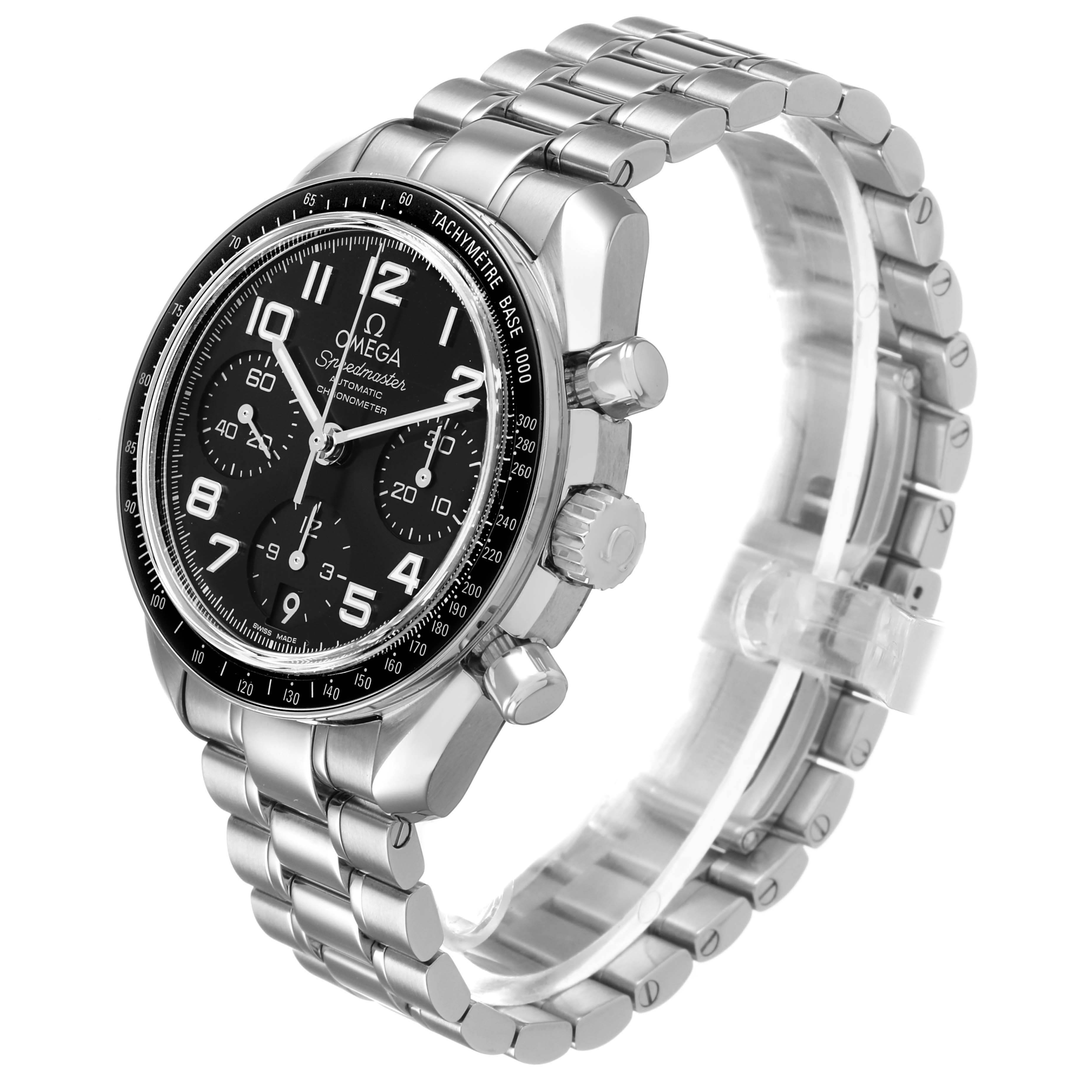 The Omega Speedmaster 324.30.38.40.06.001 Men's Stainless Steel Grey Dial watch is shown at an angled view, highlighting the face, tachymeter bezel, and stainless steel bracelet.