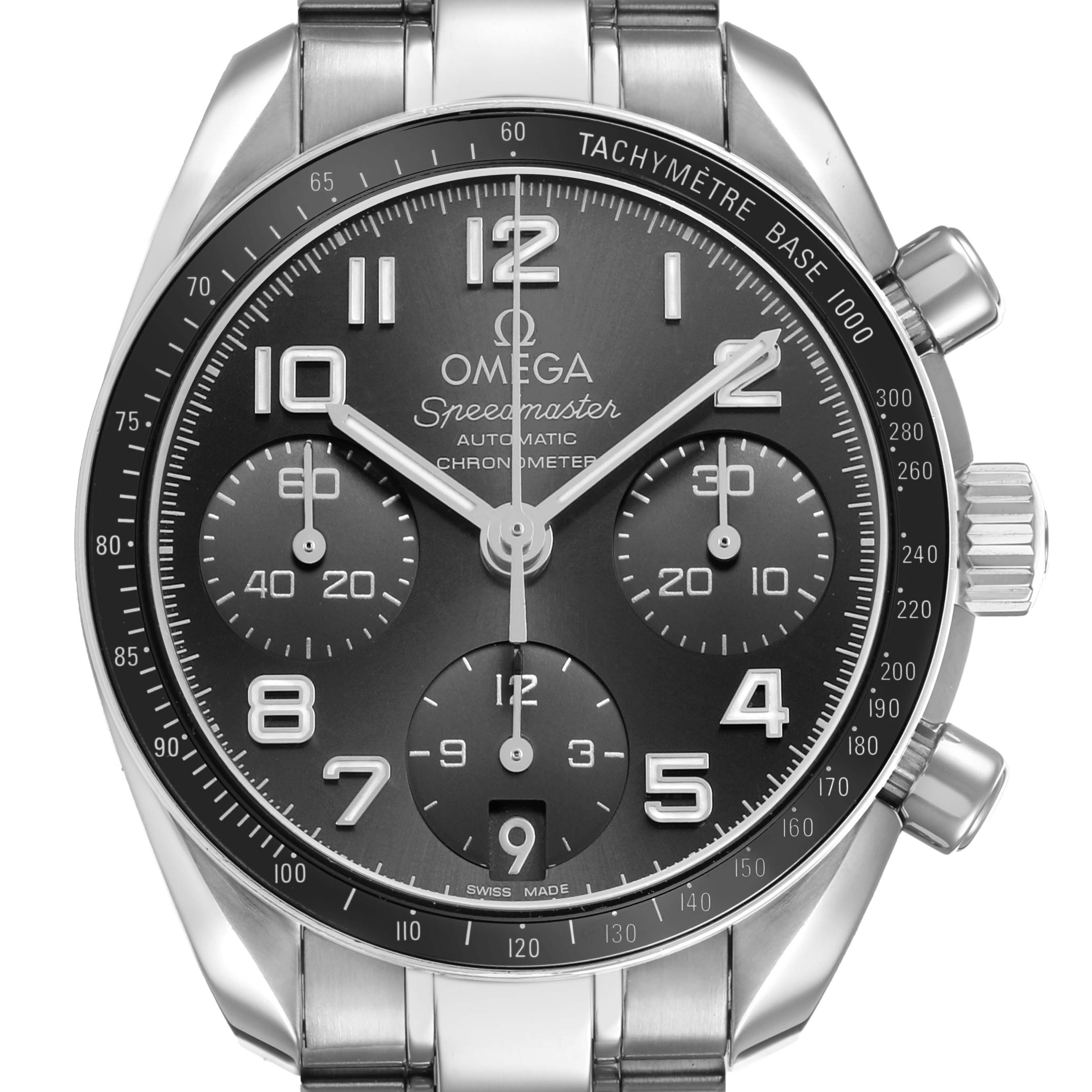 The Omega Speedmaster 324.30.38.40.06.001 Men's Stainless Steel Grey Dial is shown from the front, displaying the dial, tachymeter bezel, and chronograph subdials.