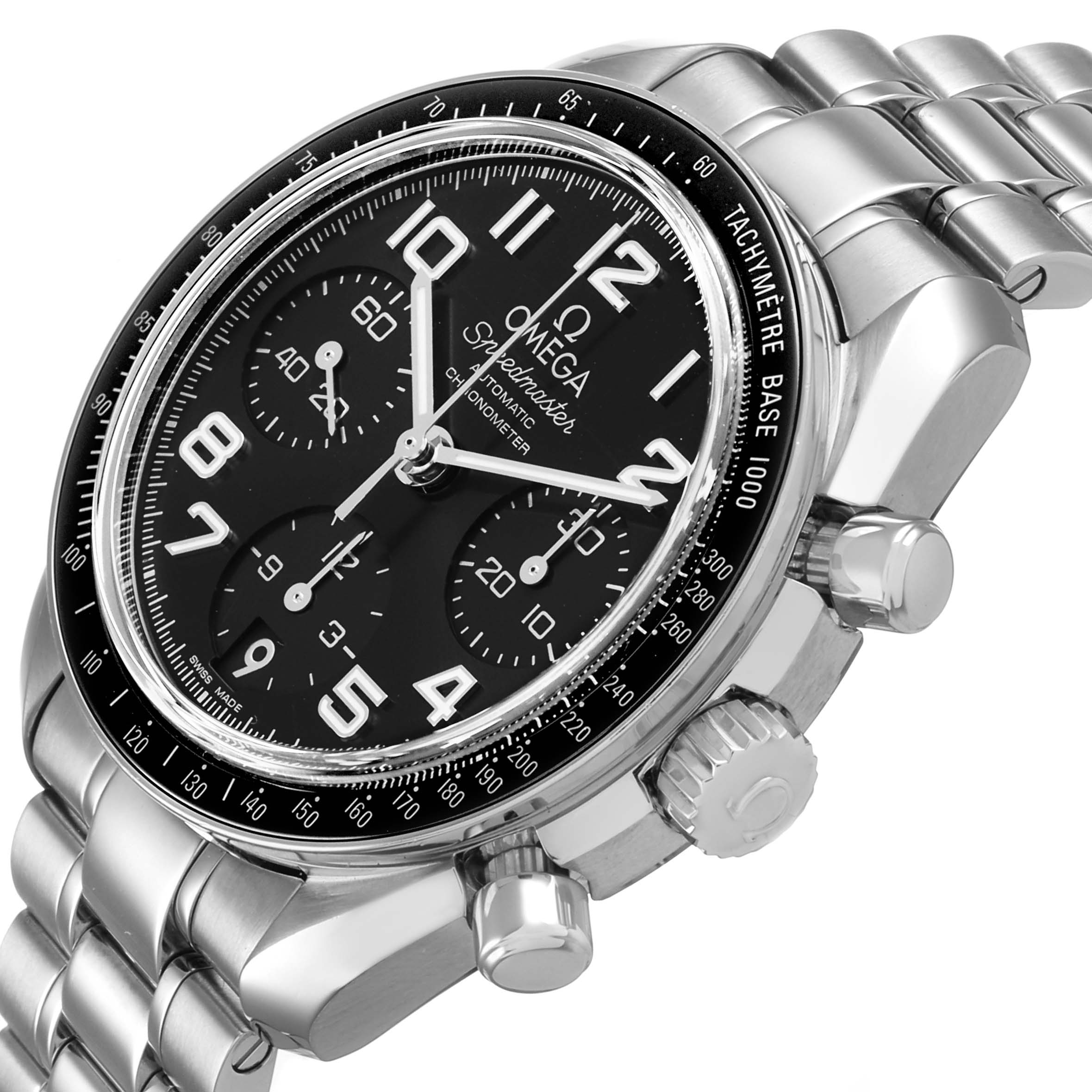 The Omega Speedmaster 324.30.38.40.06.001 Men's Stainless Steel Grey Dial model is shown at an angled close-up, highlighting the dial, bezel, crown, and bracelet.