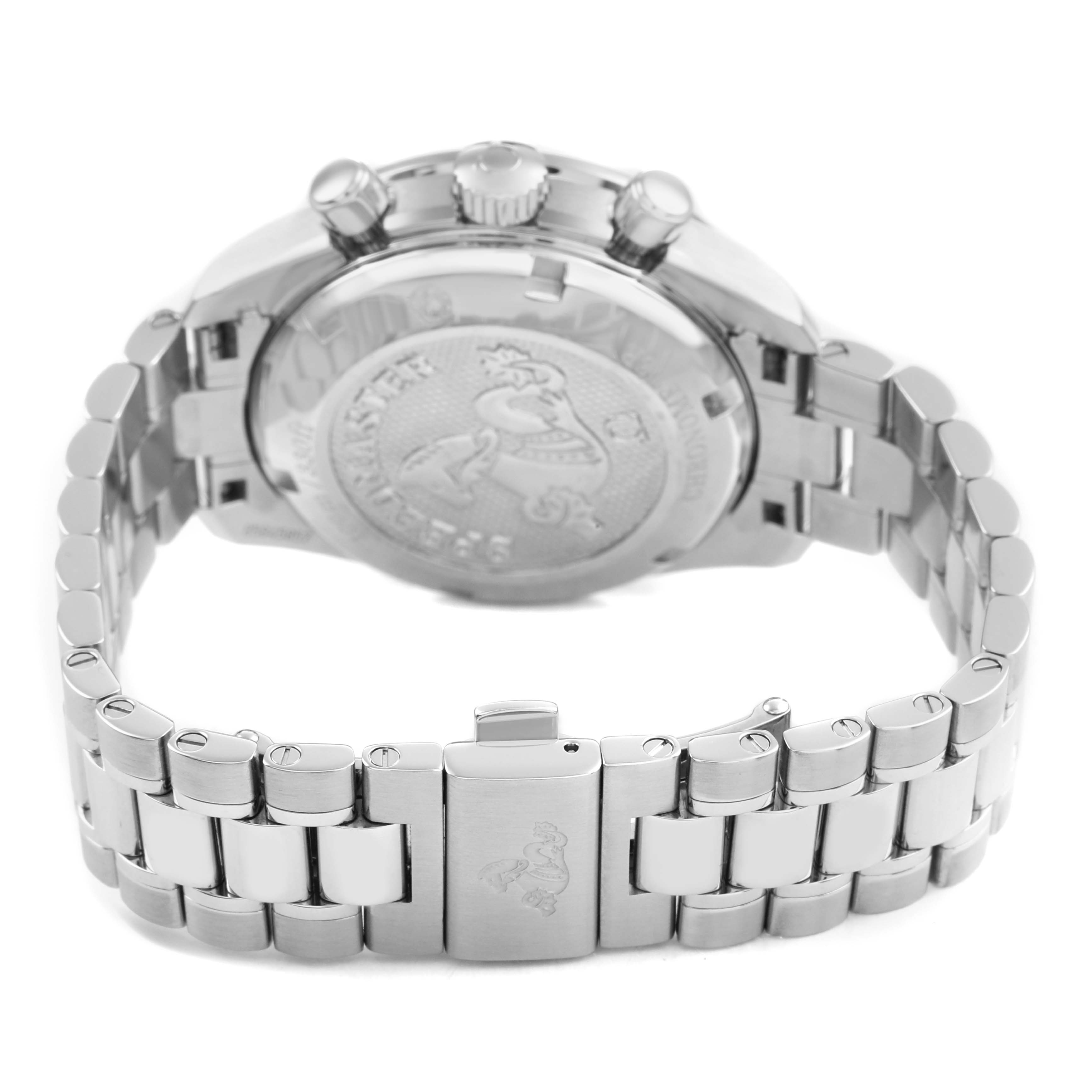 The Omega Speedmaster 324.30.38.40.06.001 Men's Stainless Steel Grey Dial watch is shown from the back, displaying the case back and metal bracelet with a visible clasp.