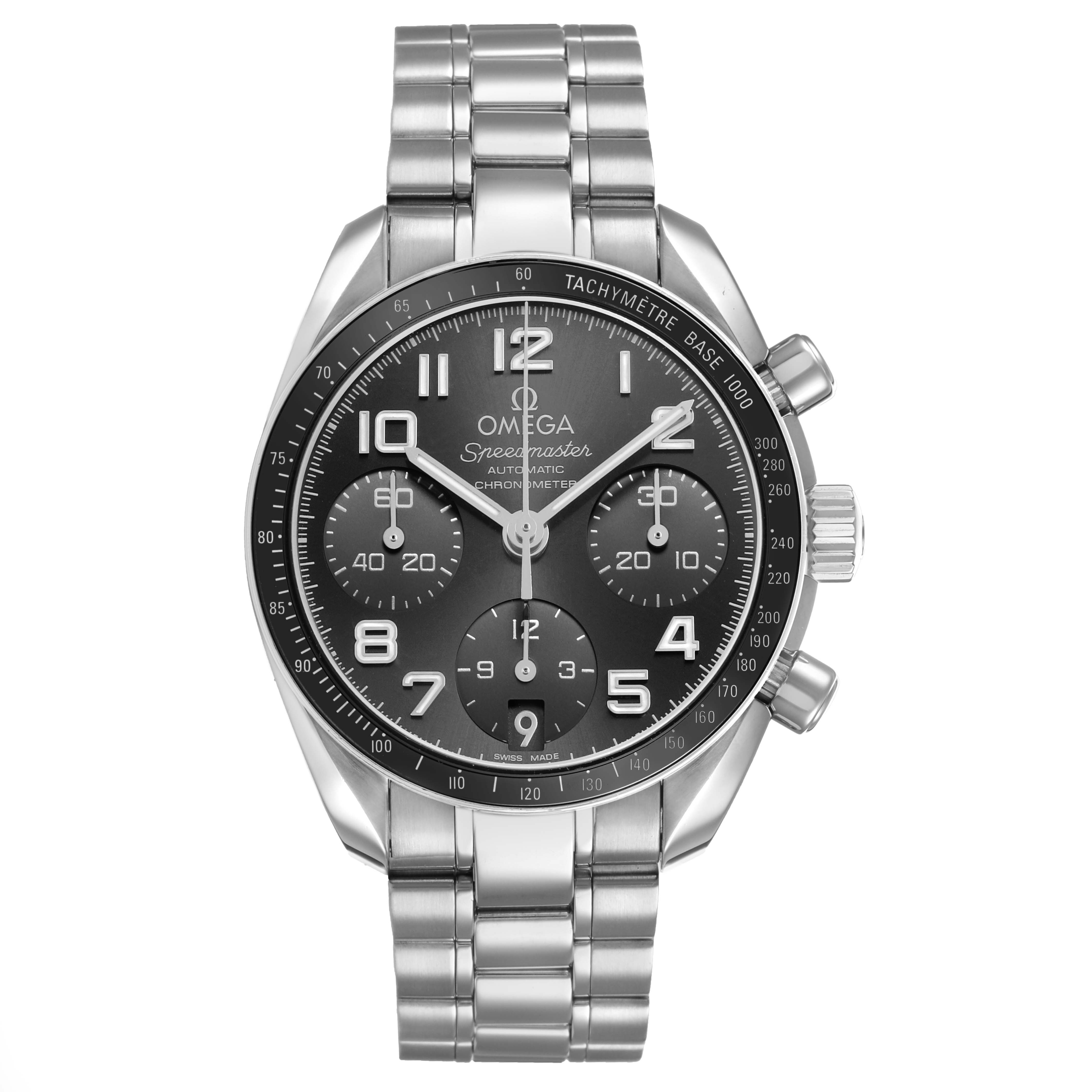 The Omega Speedmaster 324.30.38.40.06.001 Men's Stainless Steel Grey Dial watch is shown from the front, displaying its face, bezel, pushers, and stainless steel bracelet.