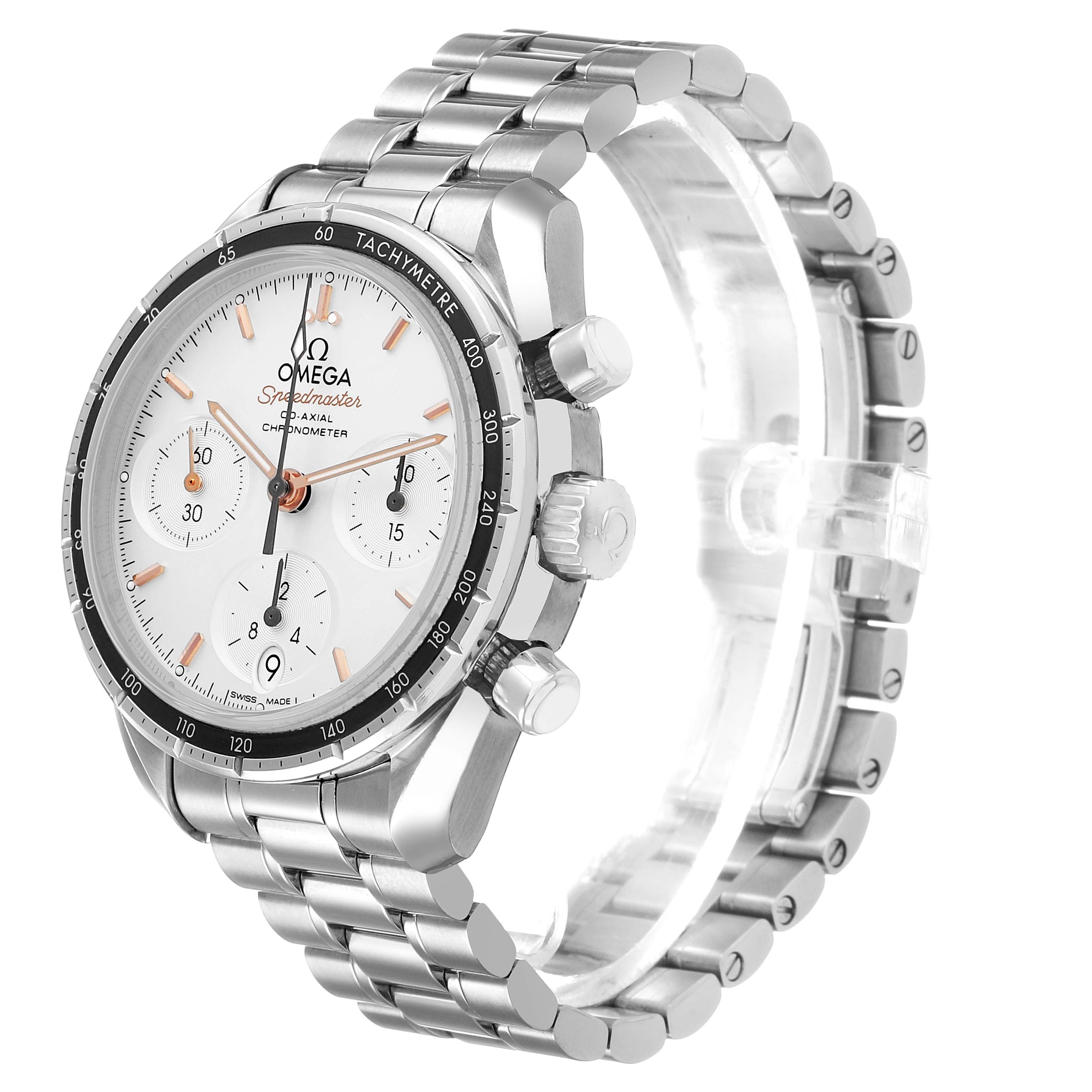 The Omega Speedmaster 324.30.38.50.02.001 Men's Stainless Steel Silver Dial is shown at a three-quarter angle, highlighting the dial, bezel, crown, pushers, and bracelet.