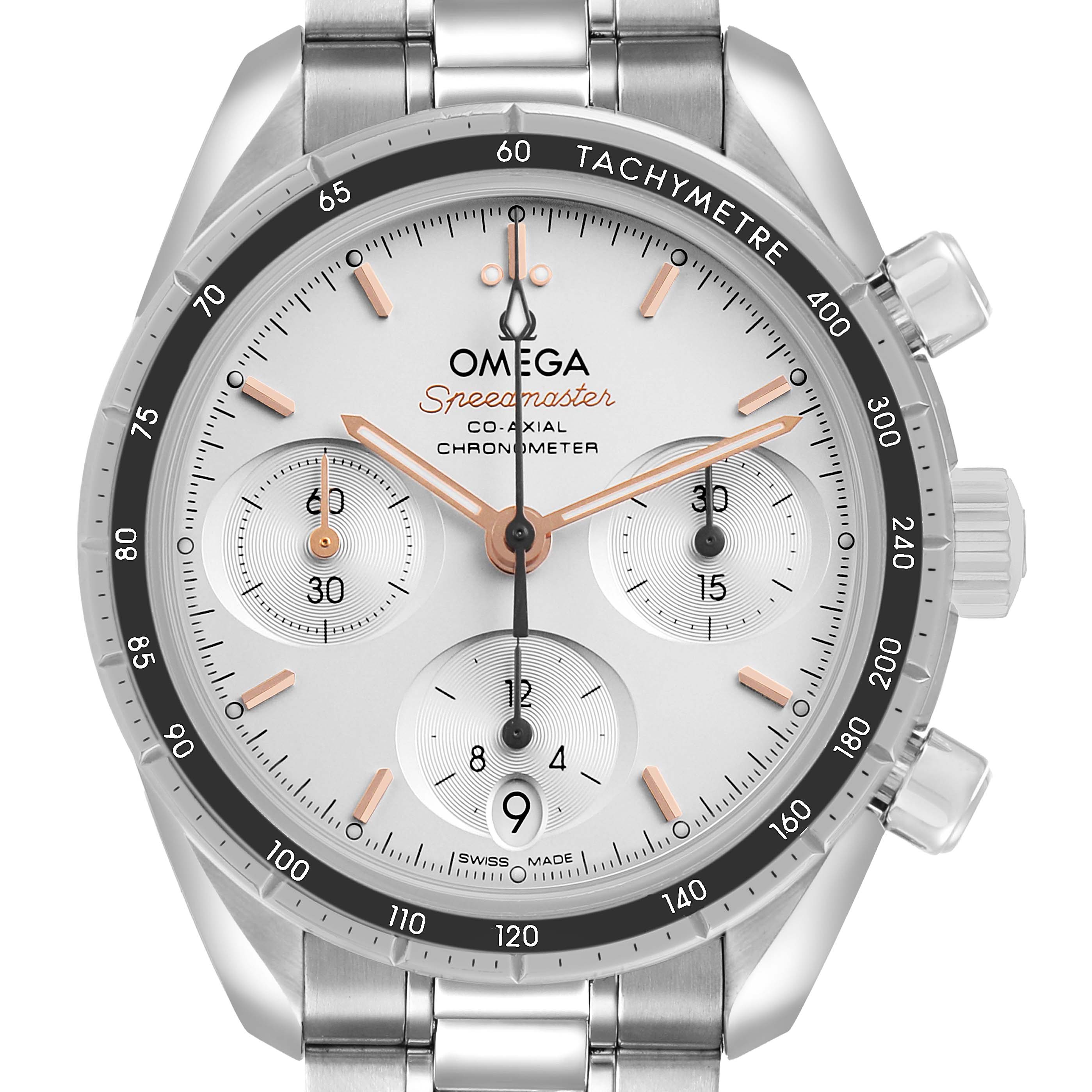 The Omega Speedmaster 324.30.38.50.02.001 Men's Stainless Steel Silver Dial watch is shown from a front view, highlighting its dial, tachymeter bezel, and pushers.