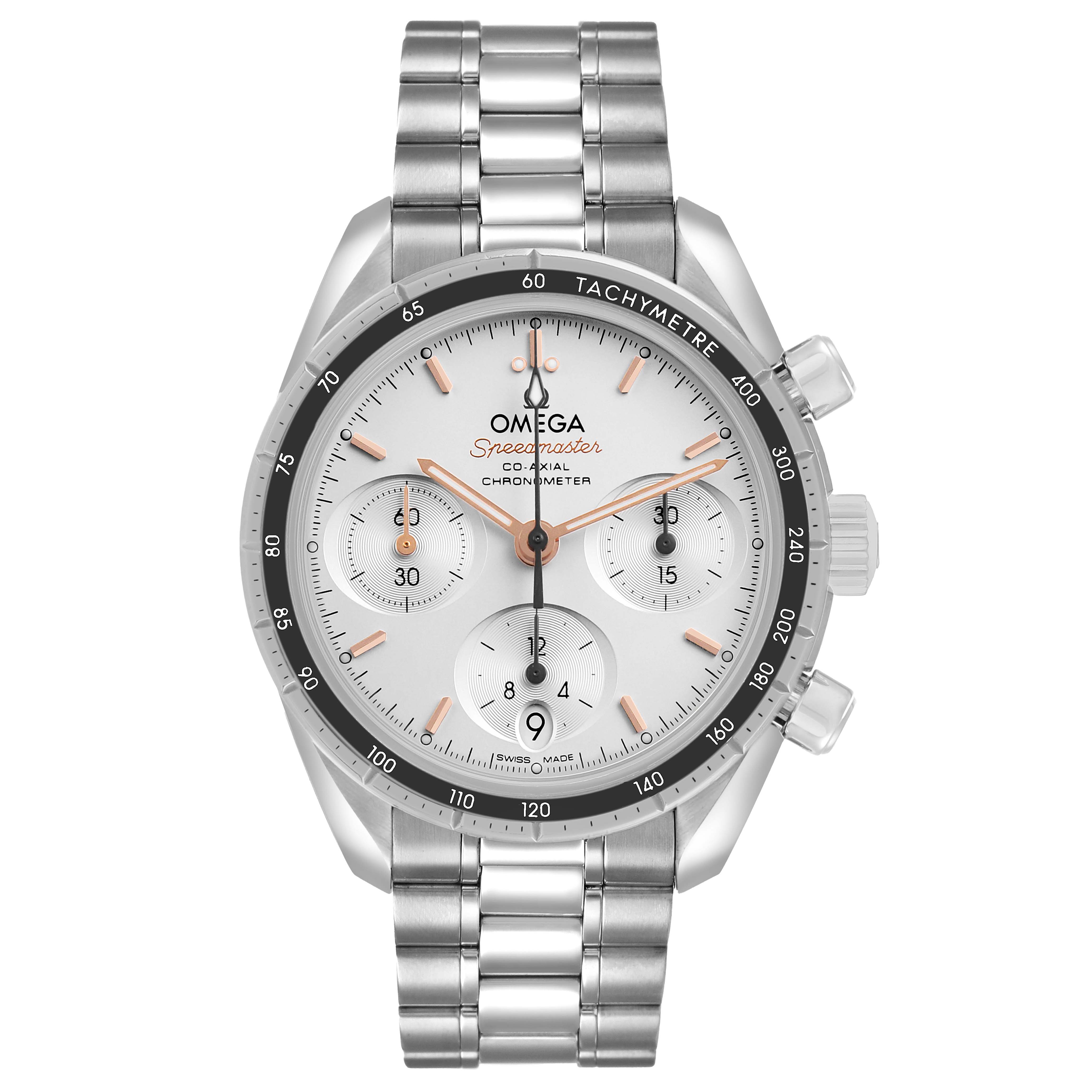 The image shows a front view of the Omega Speedmaster 324.30.38.50.02.001 Men's Stainless Steel Silver Dial watch displaying its dial, bezel, and bracelet.