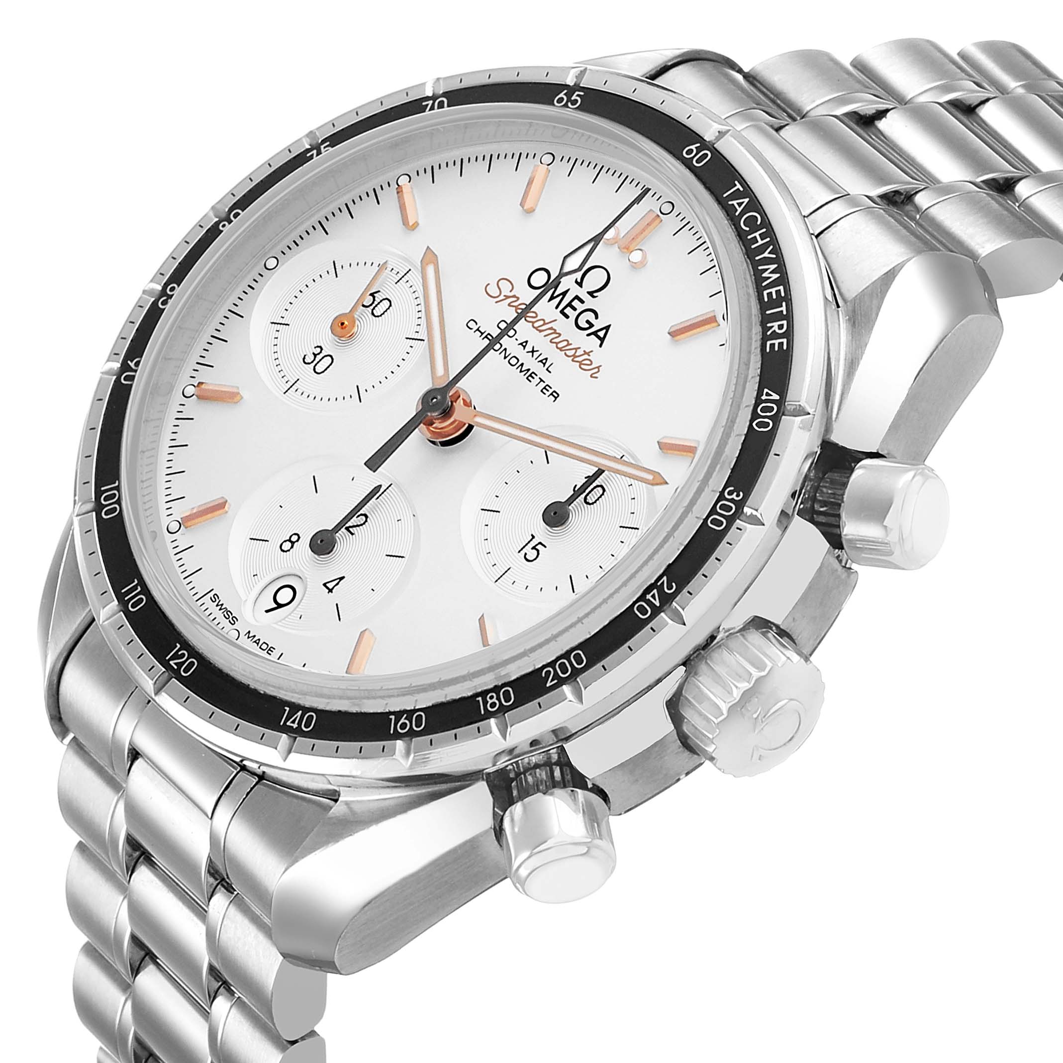 The Omega Speedmaster 324.30.38.50.02.001 Men's Stainless Steel Silver Dial watch is shown at a three-quarter angle highlighting the dial, tachymeter bezel, crown, and pushers.