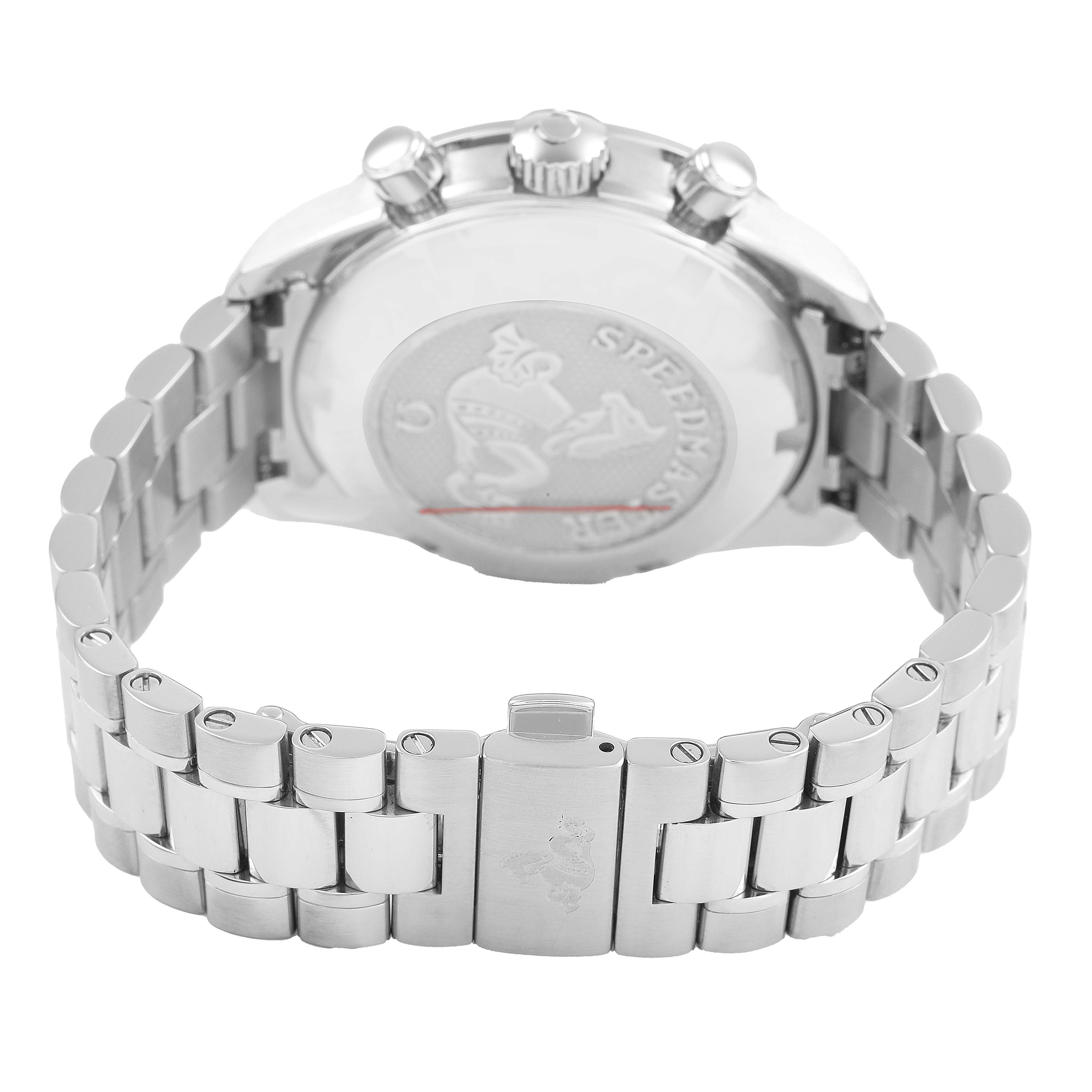The Omega Speedmaster 324.30.38.50.02.001 Men's Stainless Steel Silver Dial watch is shown from the back, displaying the case back, clasp, and bracelet.