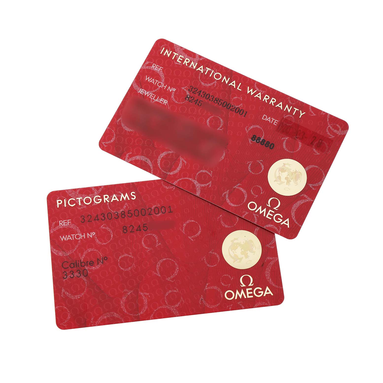 The image shows red warranty and pictogram cards for the Omega Speedmaster 324.30.38.50.02.001 Men's Stainless Steel Silver Dial, featuring reference and serial numbers.